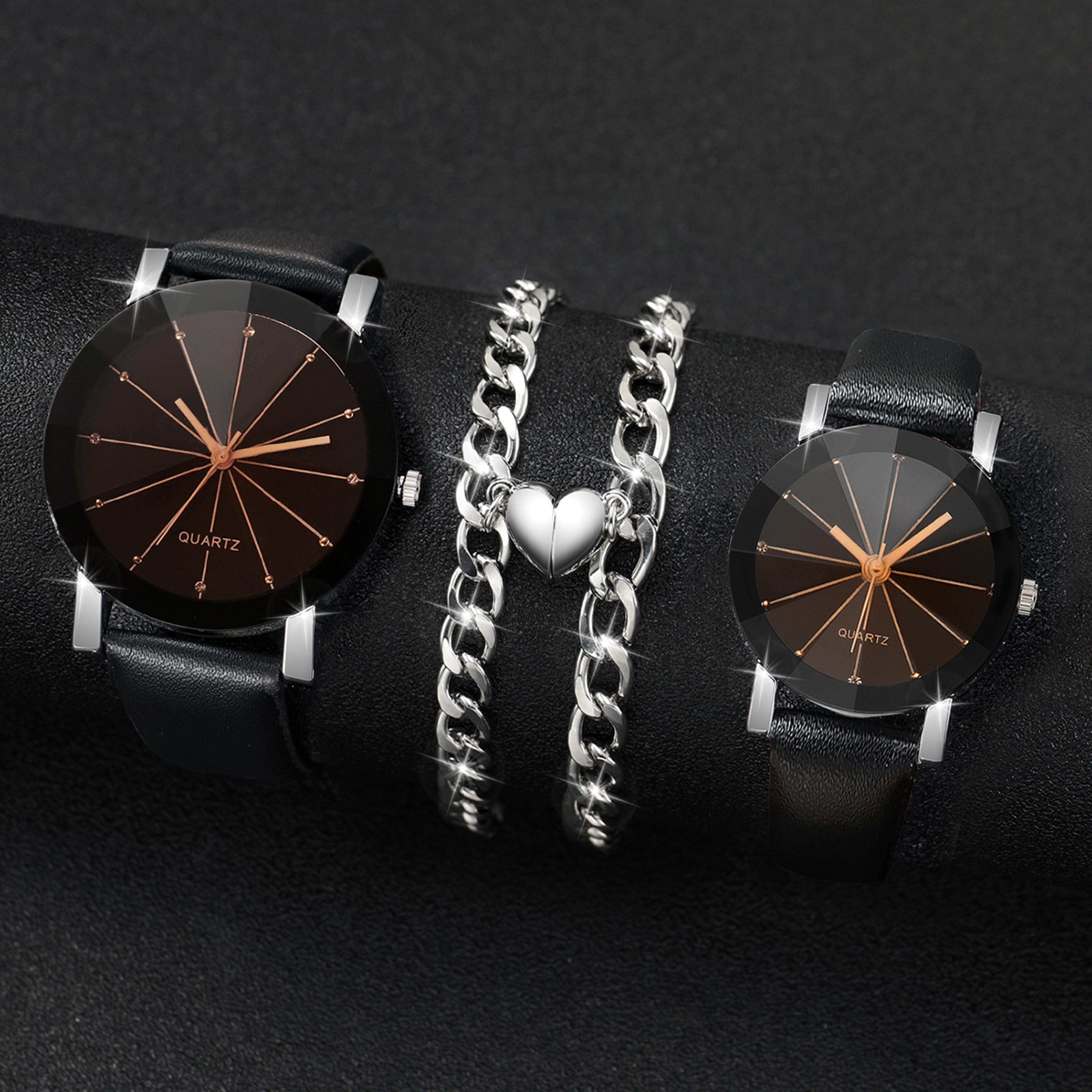 couples watches with rhinestone accents & leather bands magnetic heart bracelet set for men & women