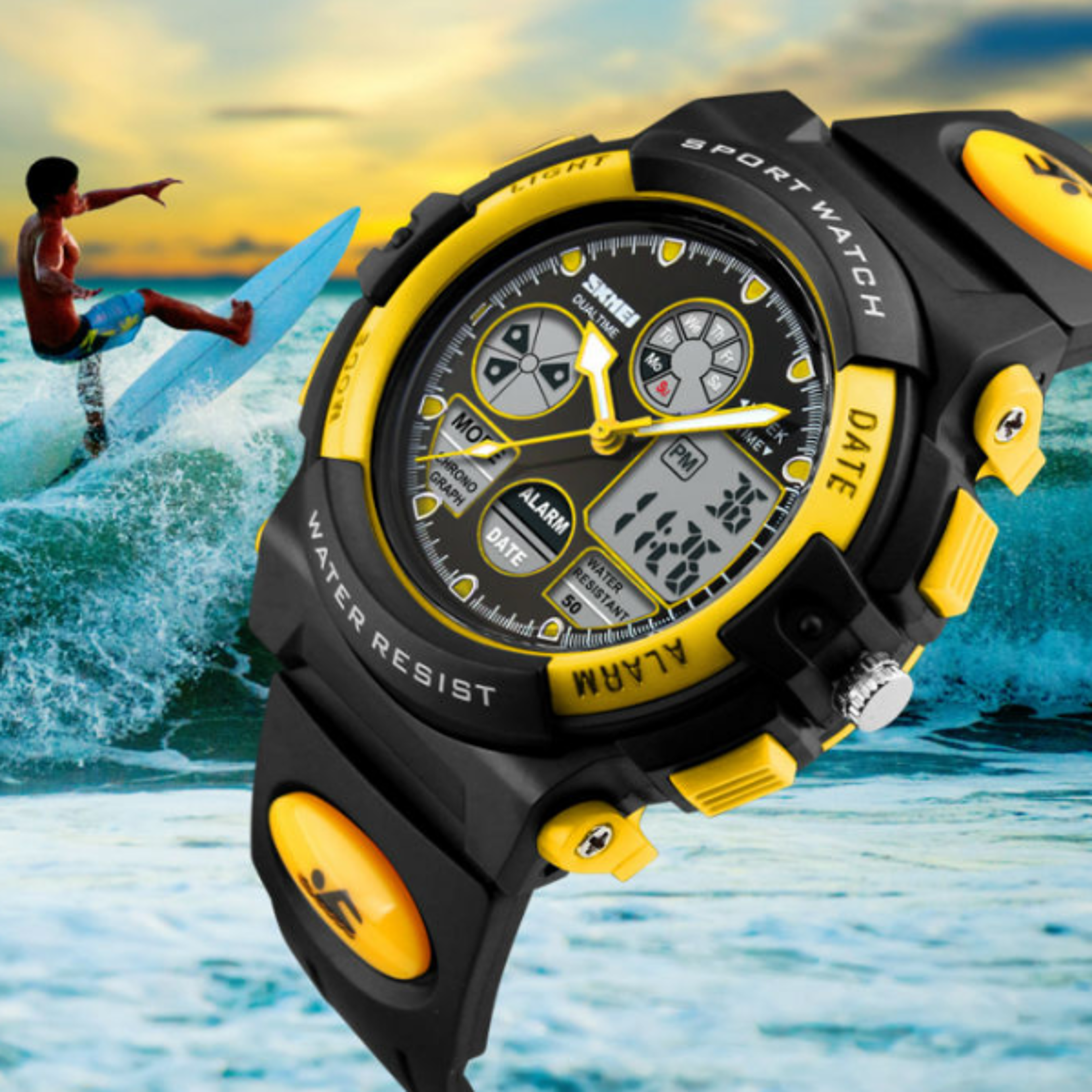 Dual Time Display Sports Kids Watch Waterproof Chrono Alarm Wristwatch for Boys and Girls