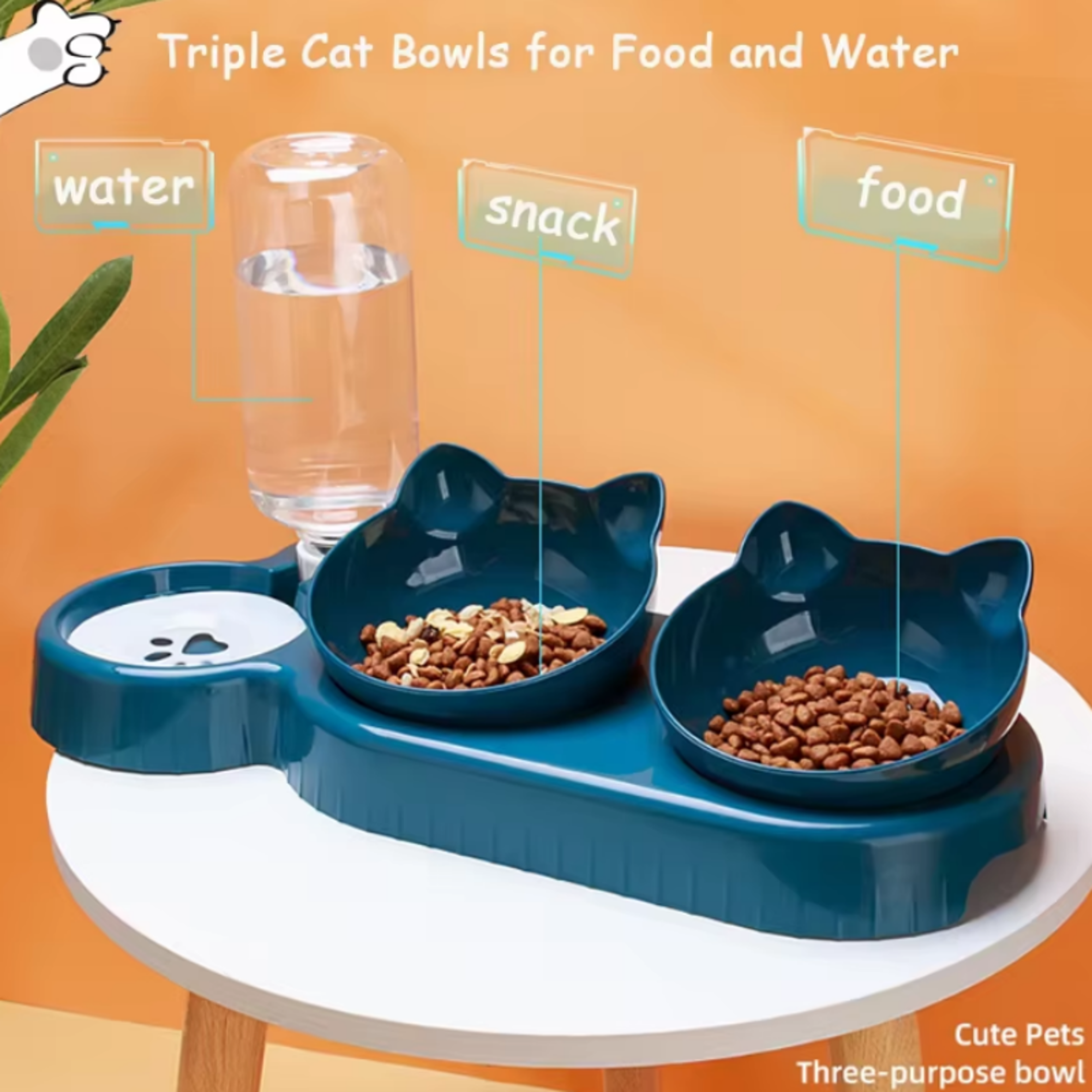 Triple Cat Bowls Pet Feeder Double Bowls With Automatic Drinking Bottle Tilted And Rotatable Design 2