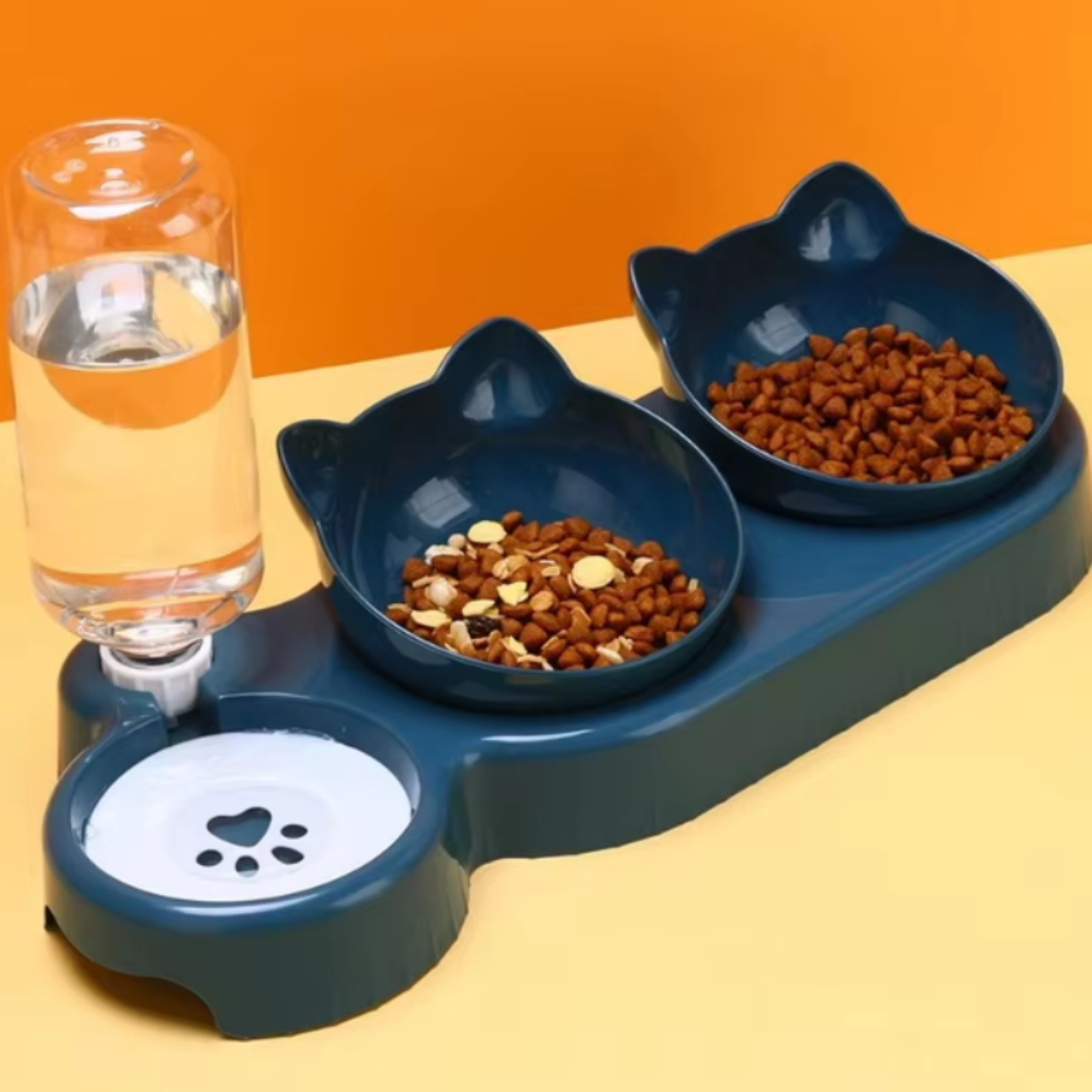 triple cat bowls pet feeder double bowls with automatic drinking bottle, tilted and rotatable design for cats.