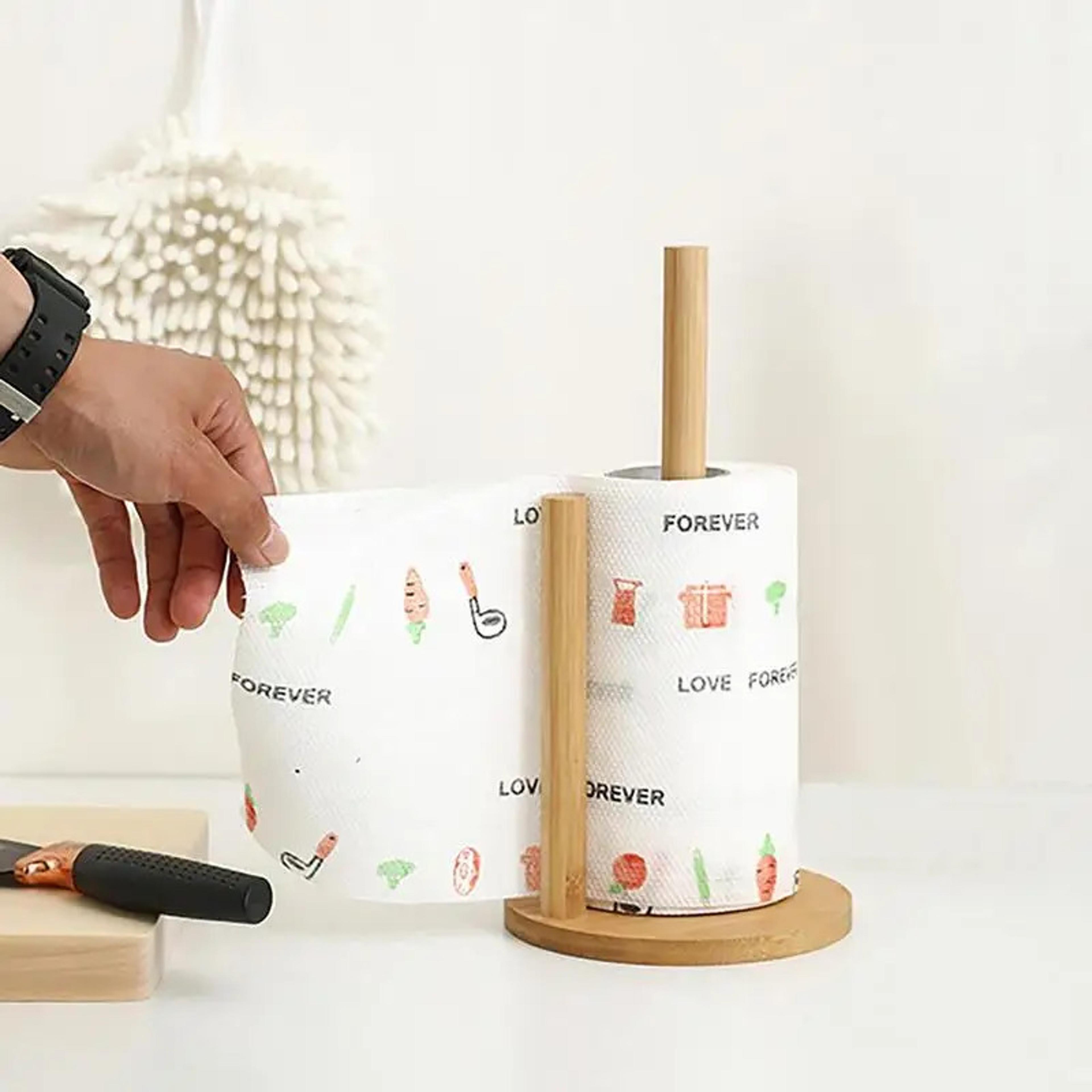 wood paper towel holder durable anti-skid tissue vertical stand for kitchen, bathroom, & living room