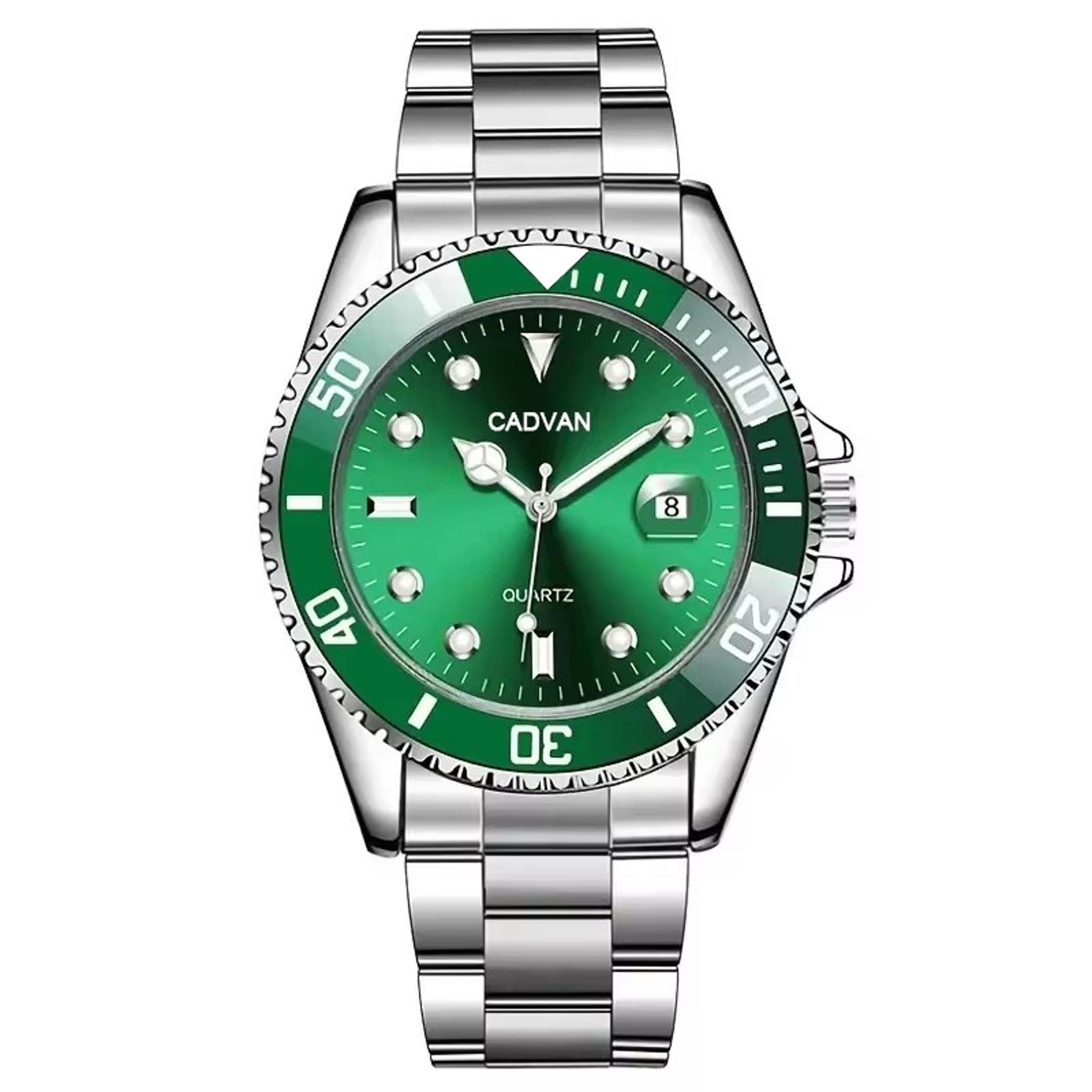 fashion mens quartz watch with calendar, green water-resistant sport wristwatch
