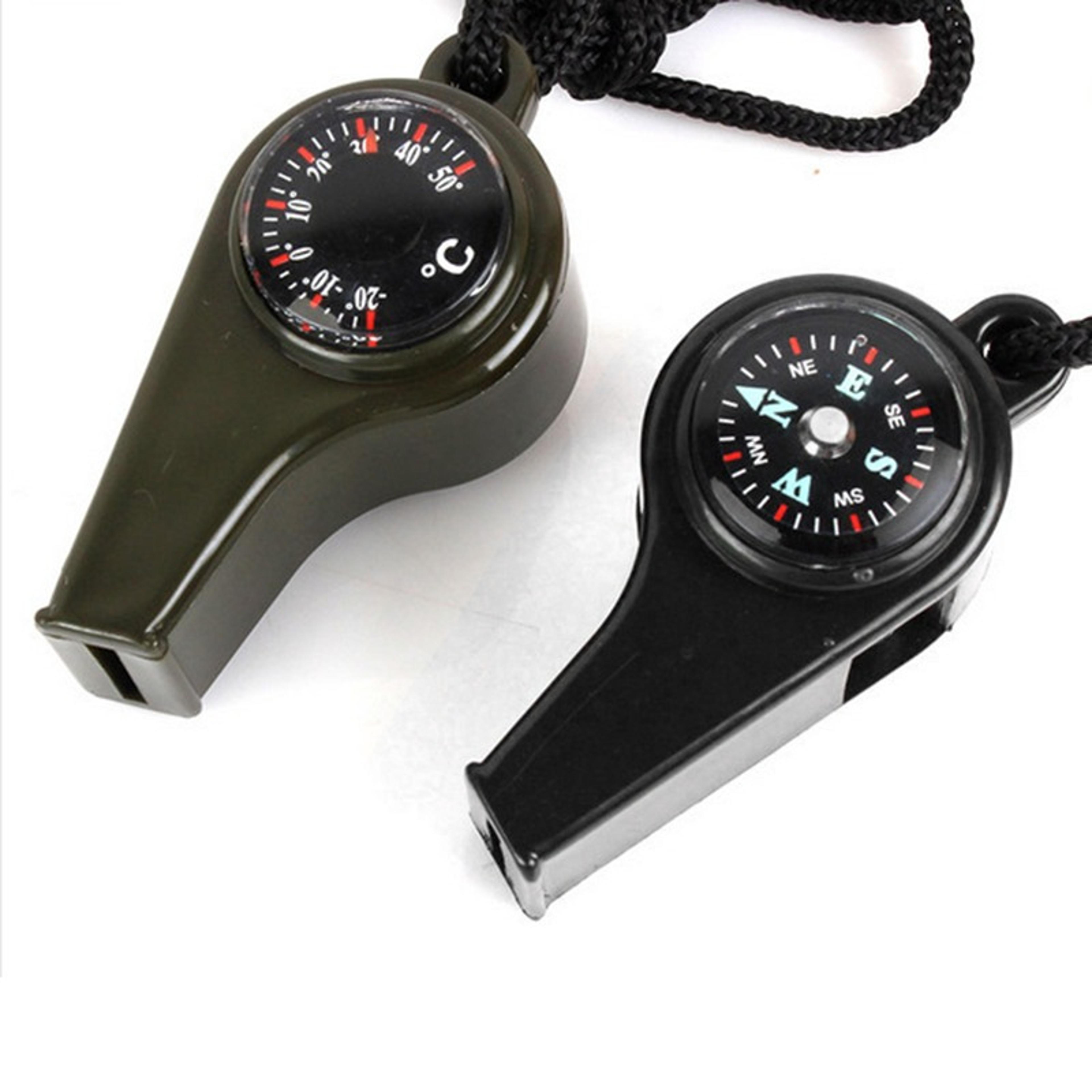 survival whistle with compass, thermometer & emergency features for hiking & camping