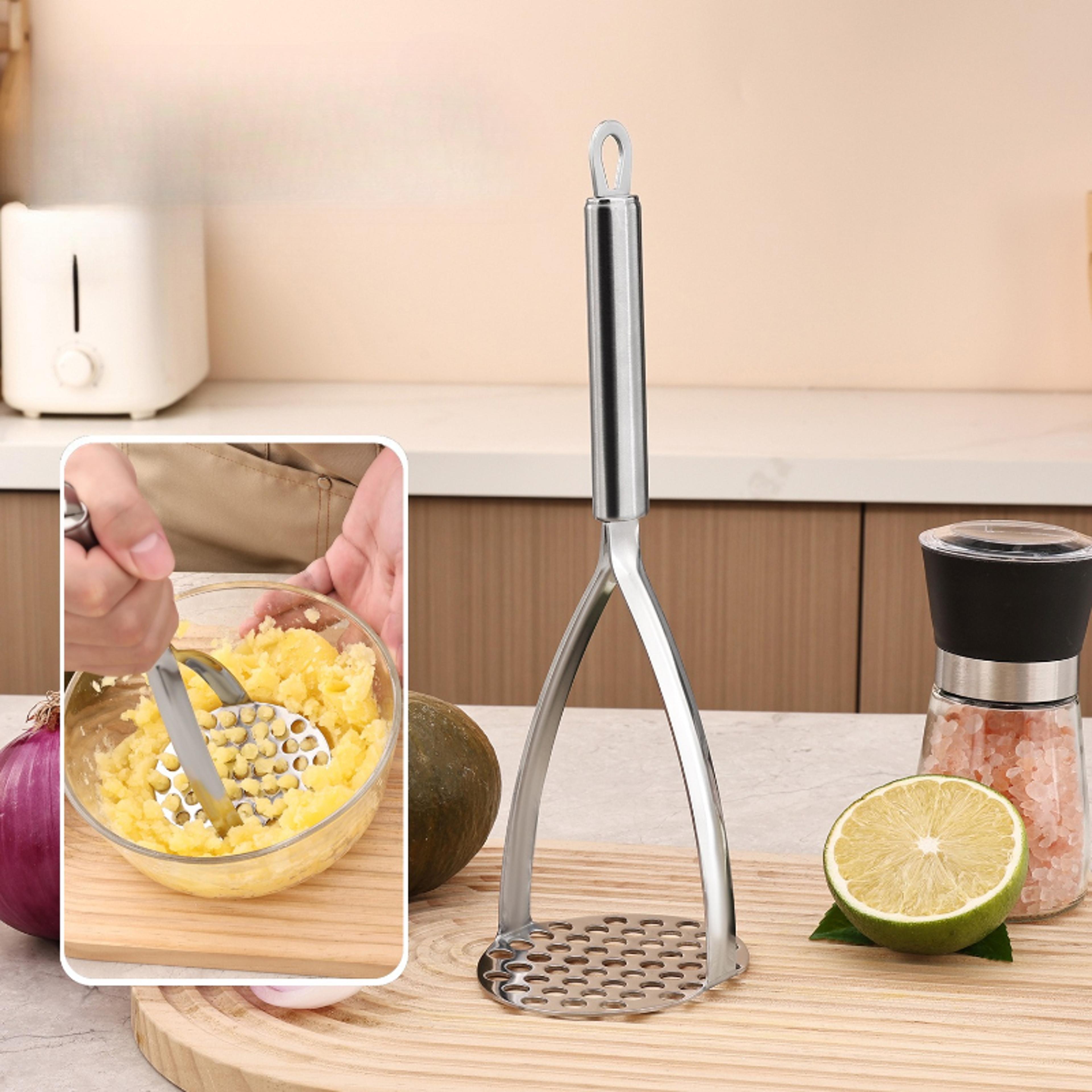 stainless steel potato masher and fruit crusher durable kitchen tool for purees, juices, and more