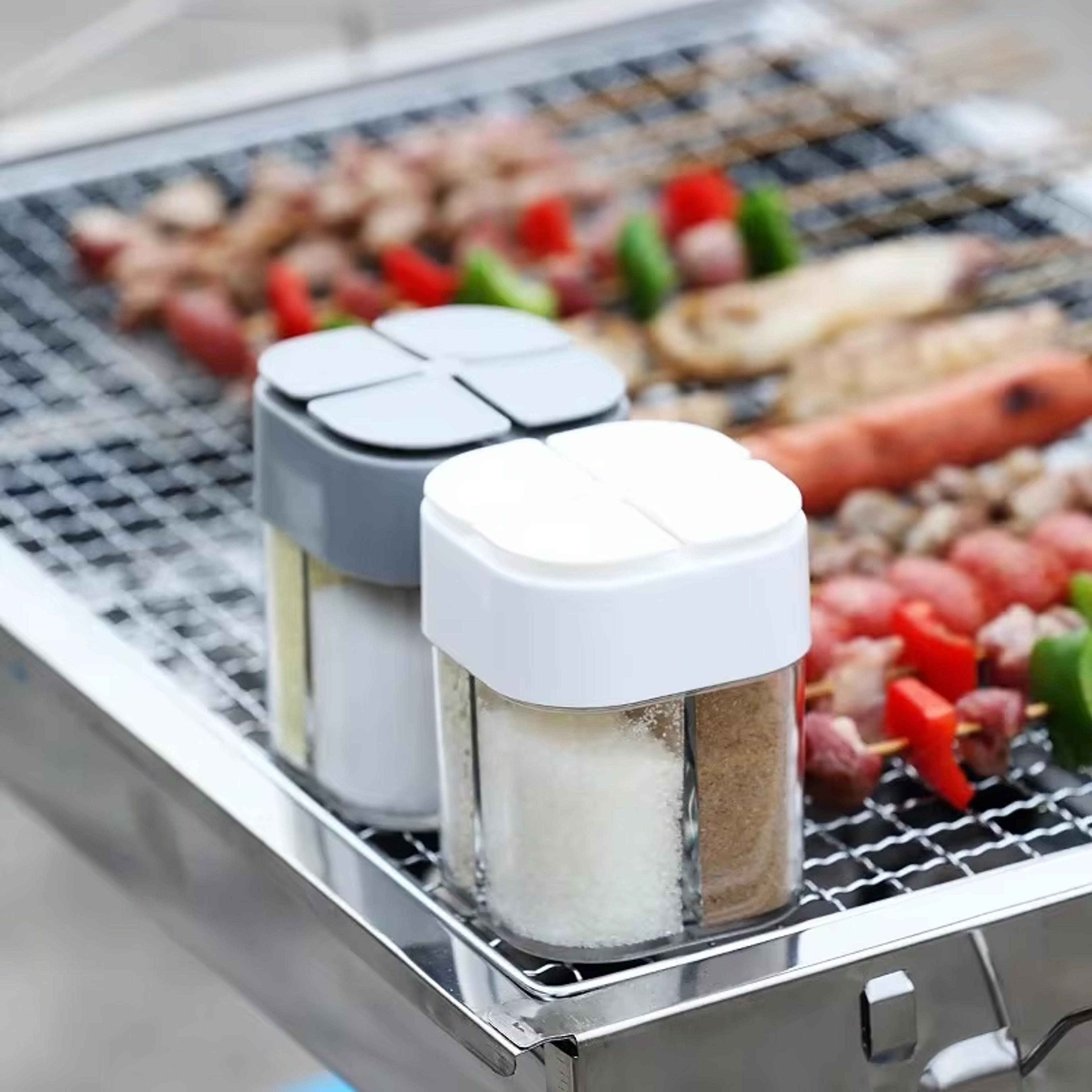 camping spice dispenser jar with lid transparent, compartment salt & pepper shaker for outdoor cooking & barbecue
