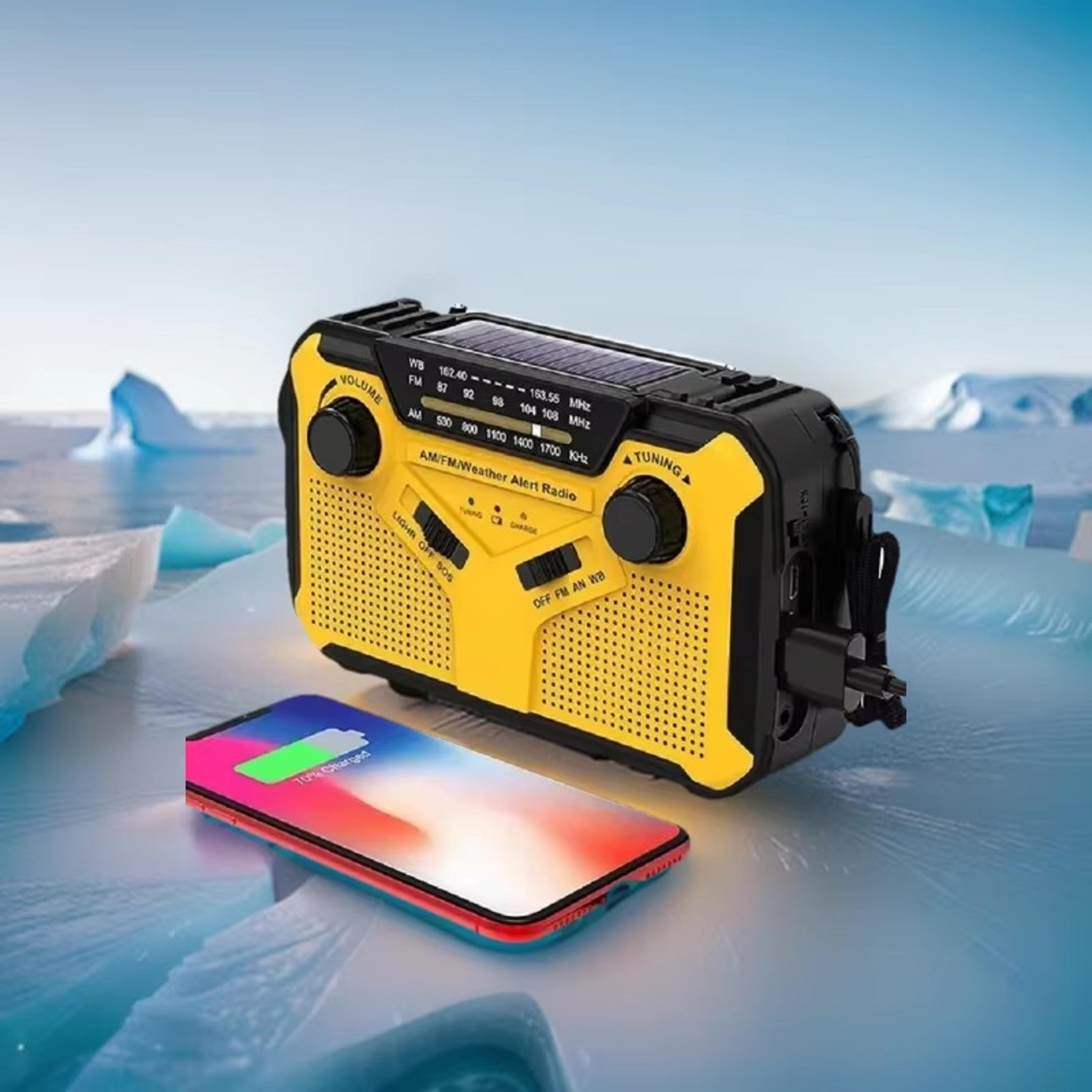 emergency weather radio with hand crank, solar charging and flashlight