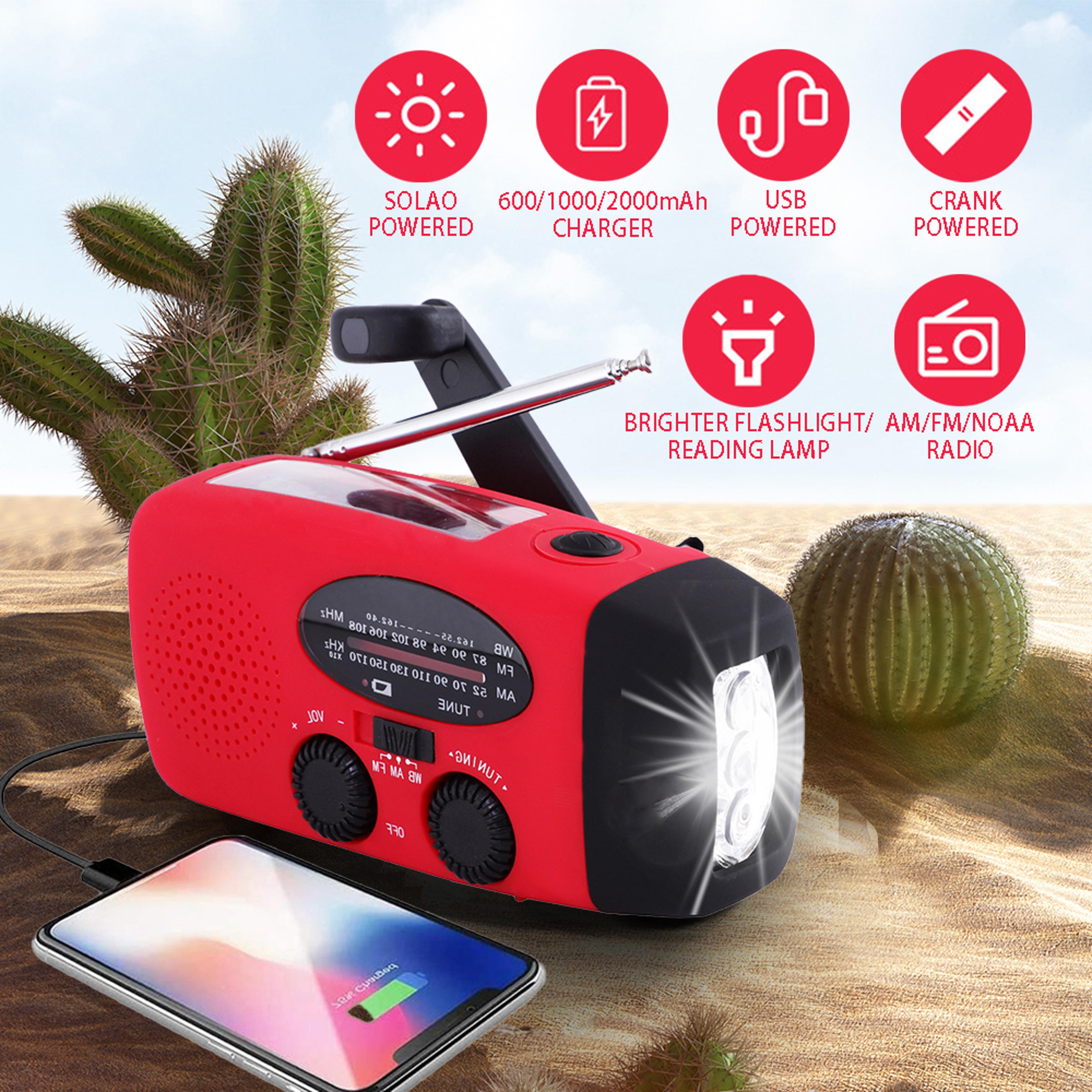emergency solar radio portable led flashlight, fm/am, usb rechargeable, and solar powered for outdoor adventures