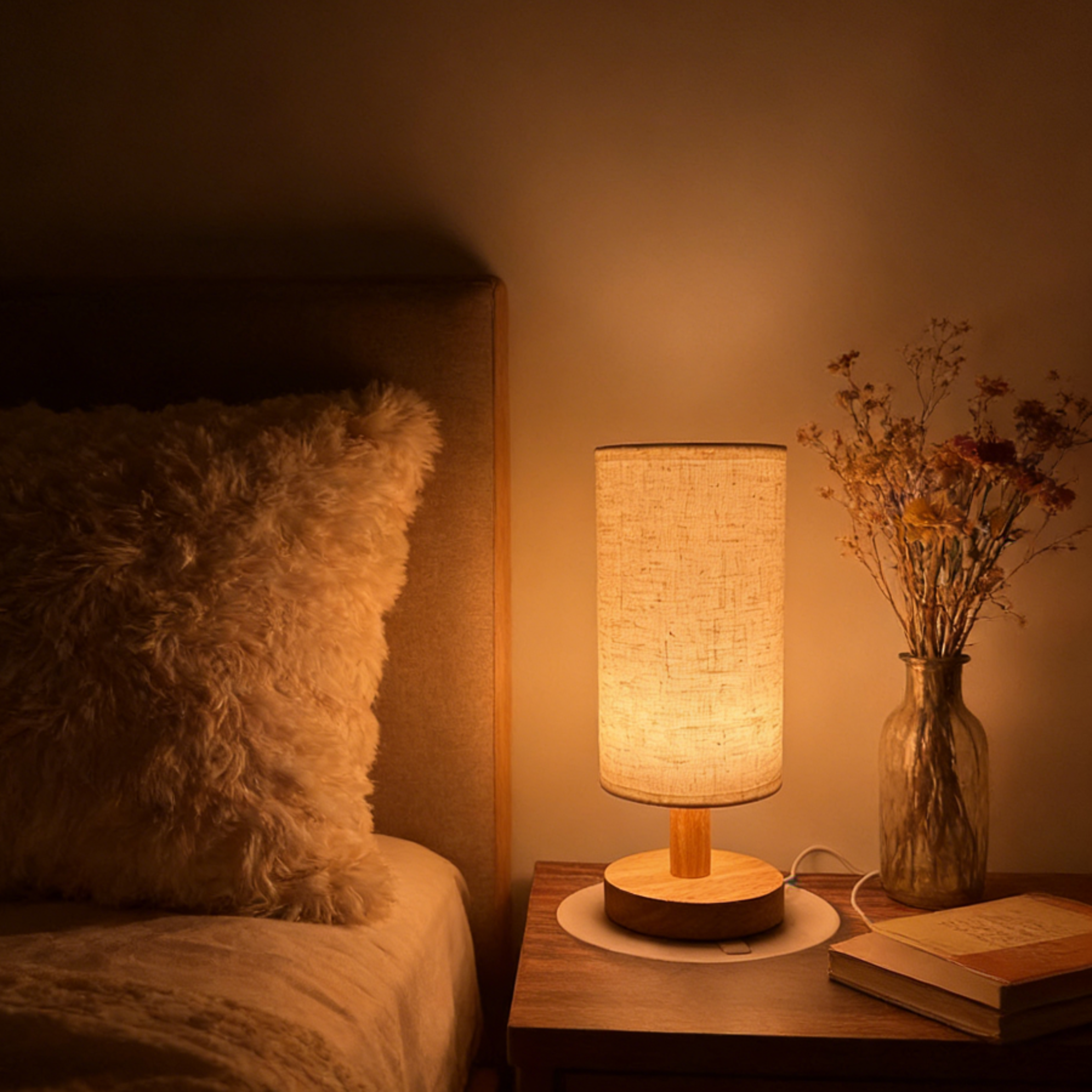 cozy wooden bedside lamp with linen shade warm led night light for bedroom decor