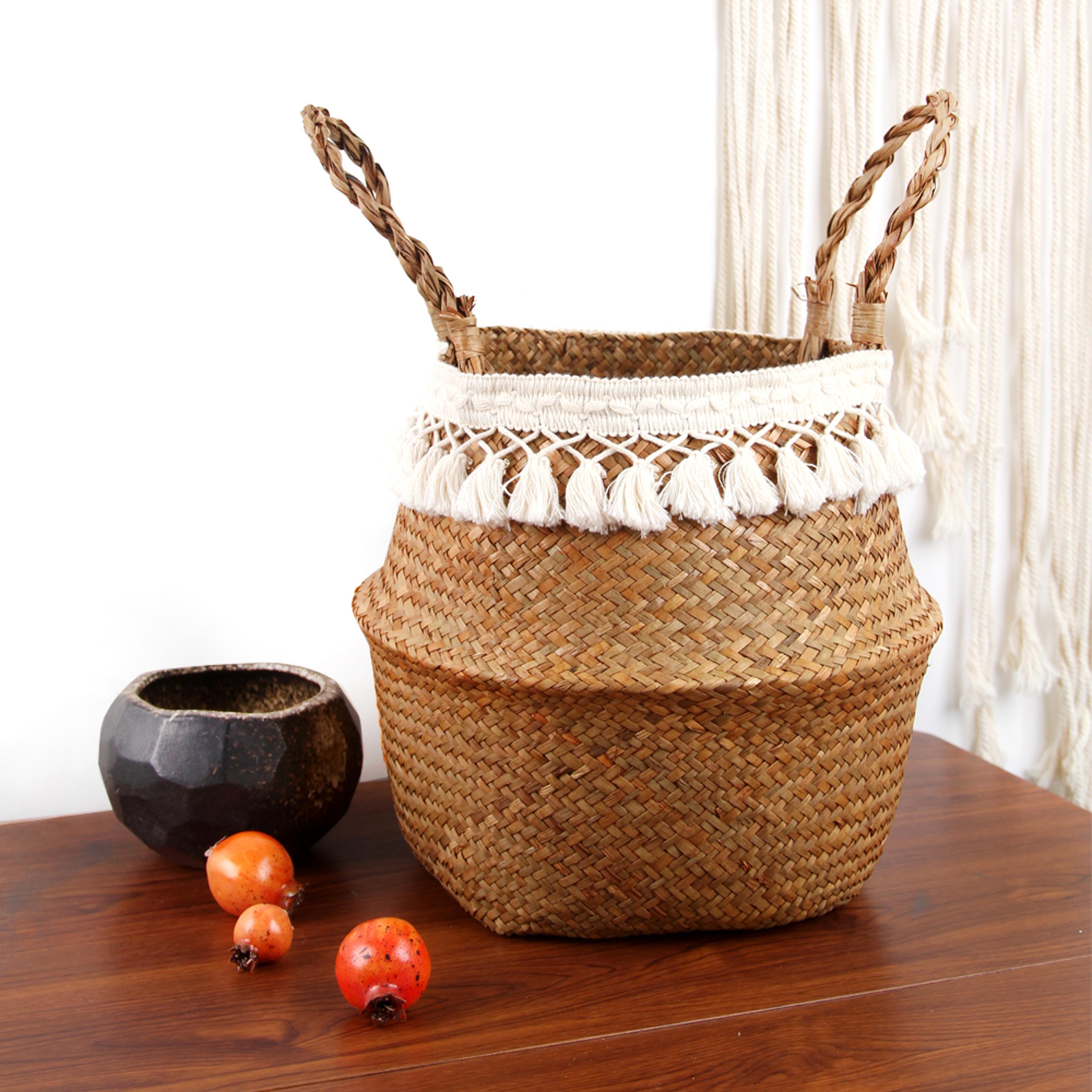 tassel macrame seagrass basket handmade boho storage basket for plants and home decor