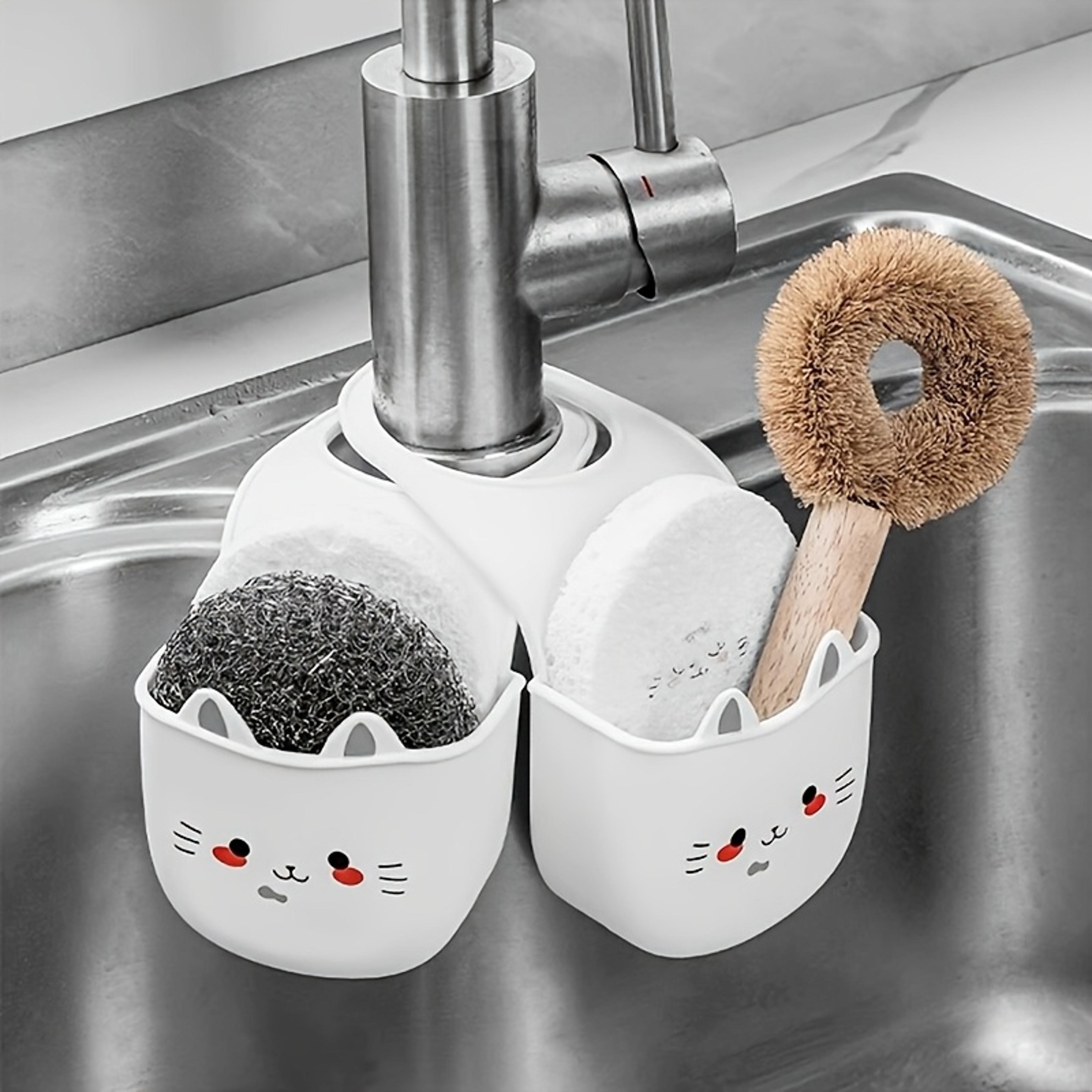 white cartoon cat silicone faucet sponge holder sink organizer