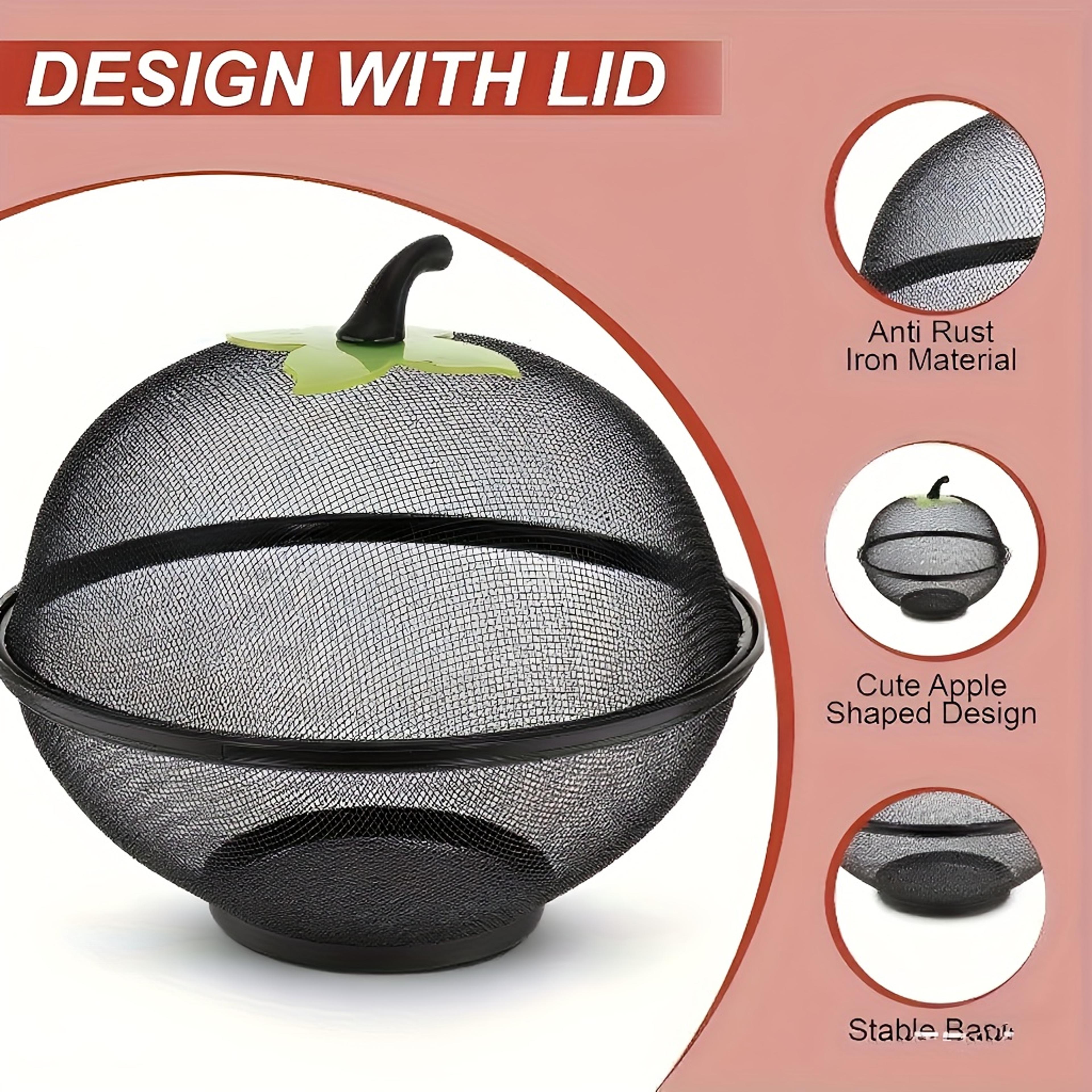 Apple Shaped Metal Fruit Basket With Mesh Lid Rust Proof Fruit Storage Bowl 2