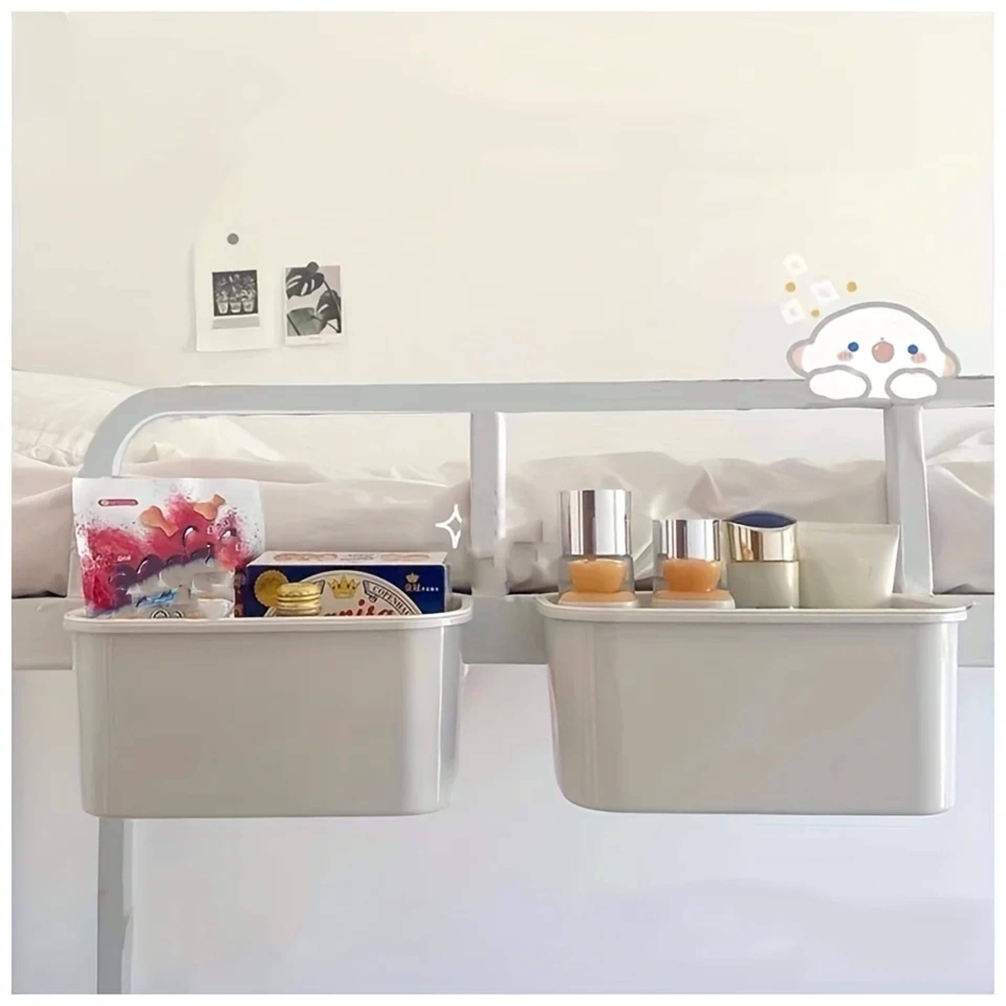 bedside hanging basket organizer with phone holder for dorm room storage pink