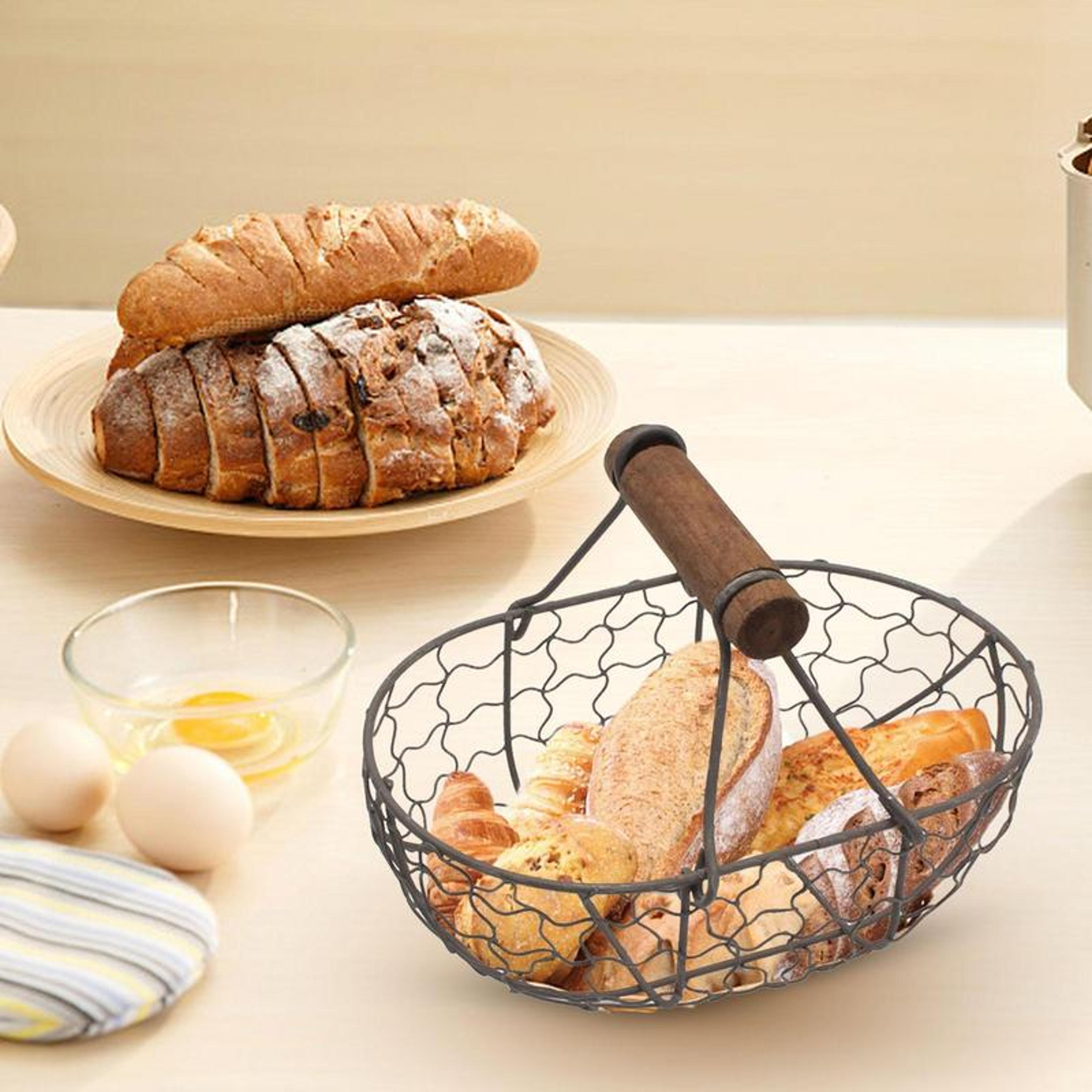 Retro Iron Egg Storage Basket With Wooden Handle Kitchen Fruit Vegetable Organizer Black 1