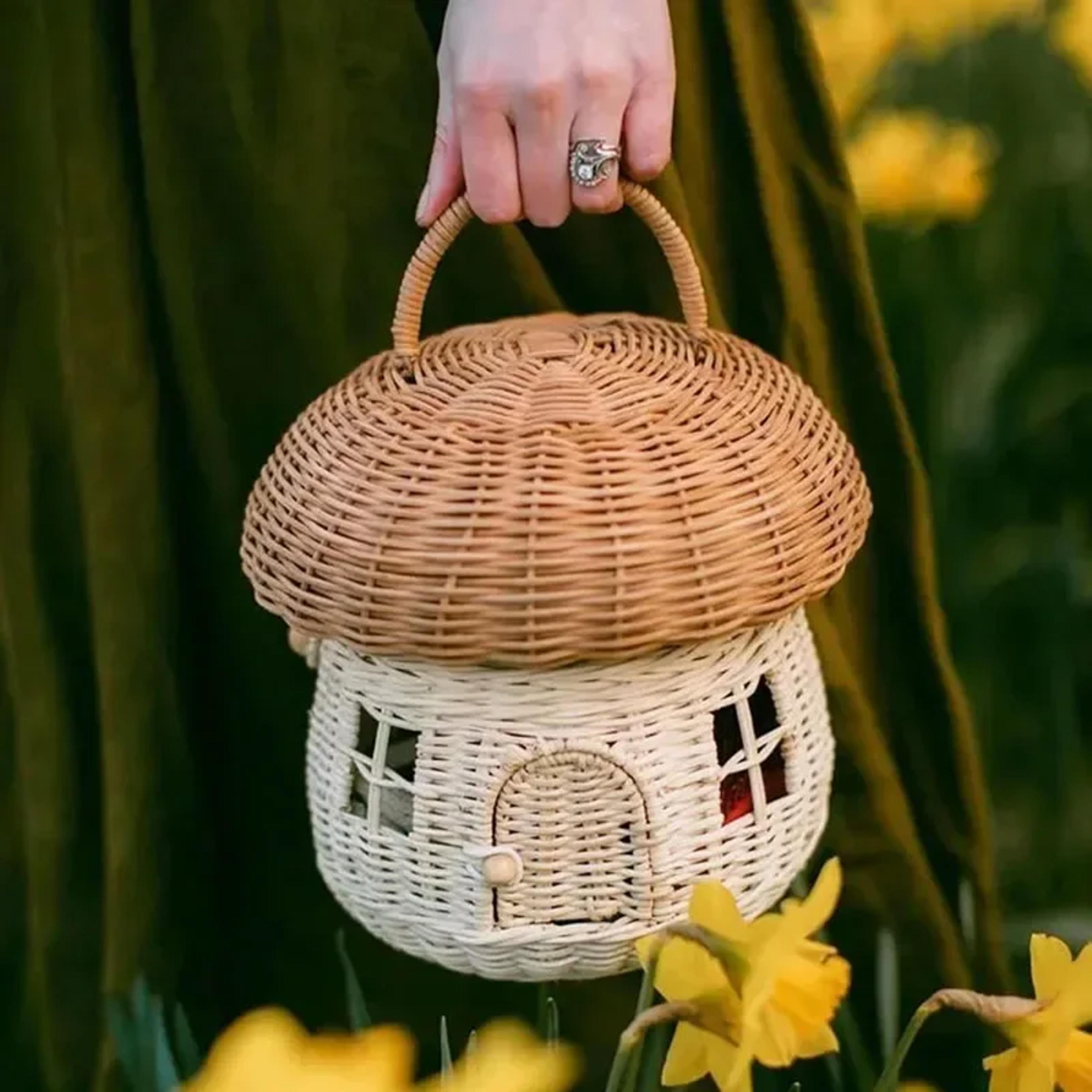 handmade mushroom rattan basket bag for picnic storage and home decor