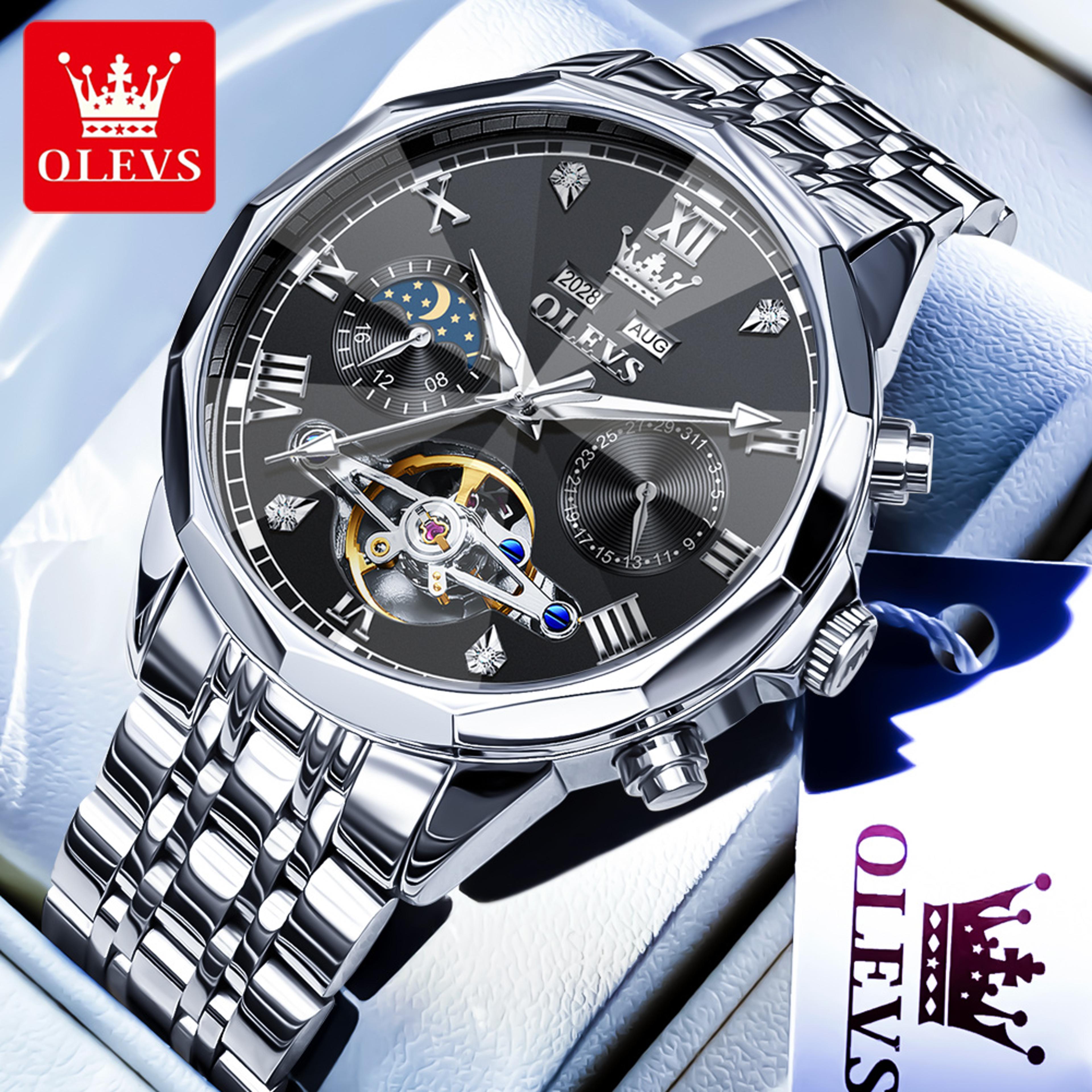 Luxury Mens Automatic Skeleton Watch With Moon Phase And Stainless Steel Bracelet 9