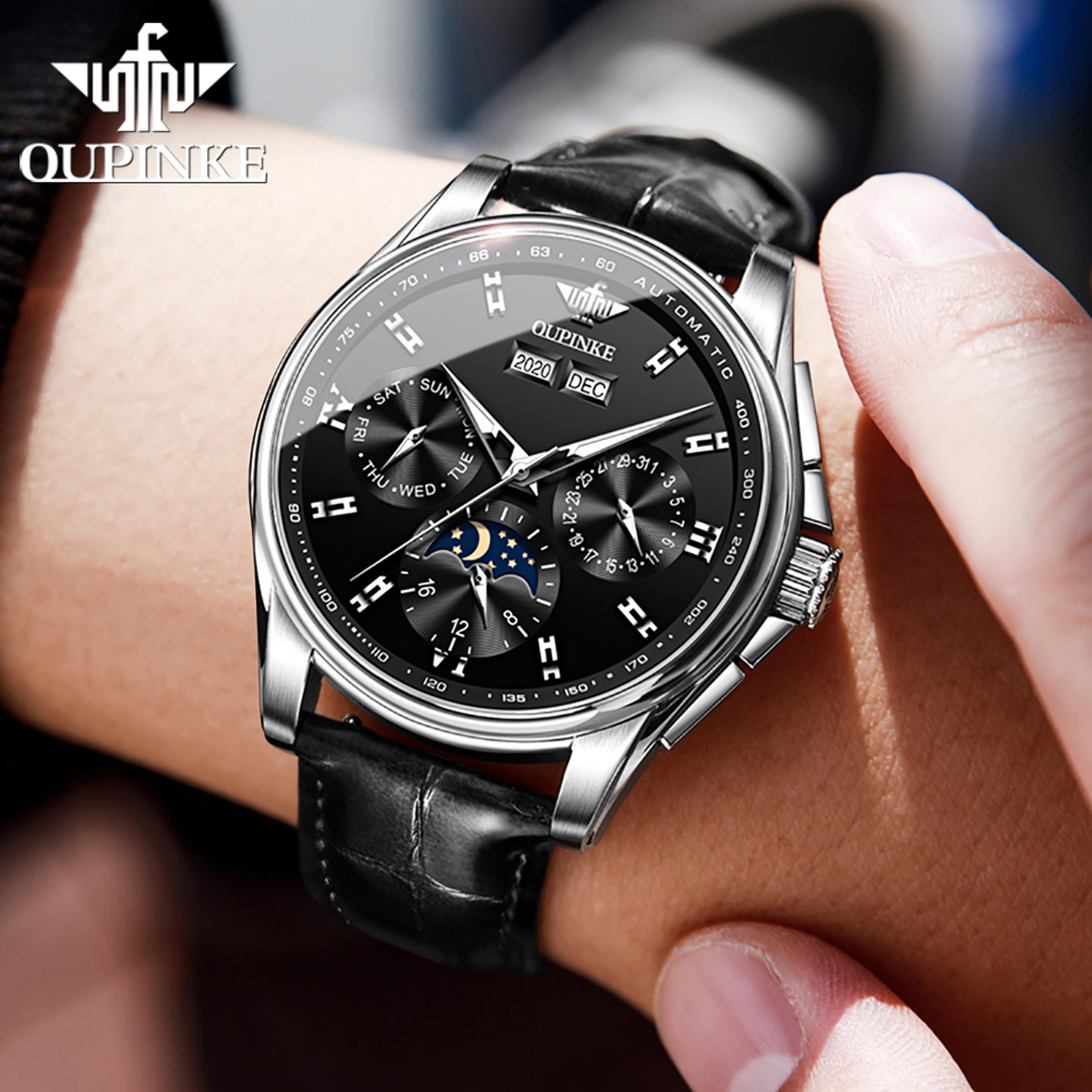 Automatic Mechanical Watch With Moon Phase Sapphire Crystal And Leather Strap 3