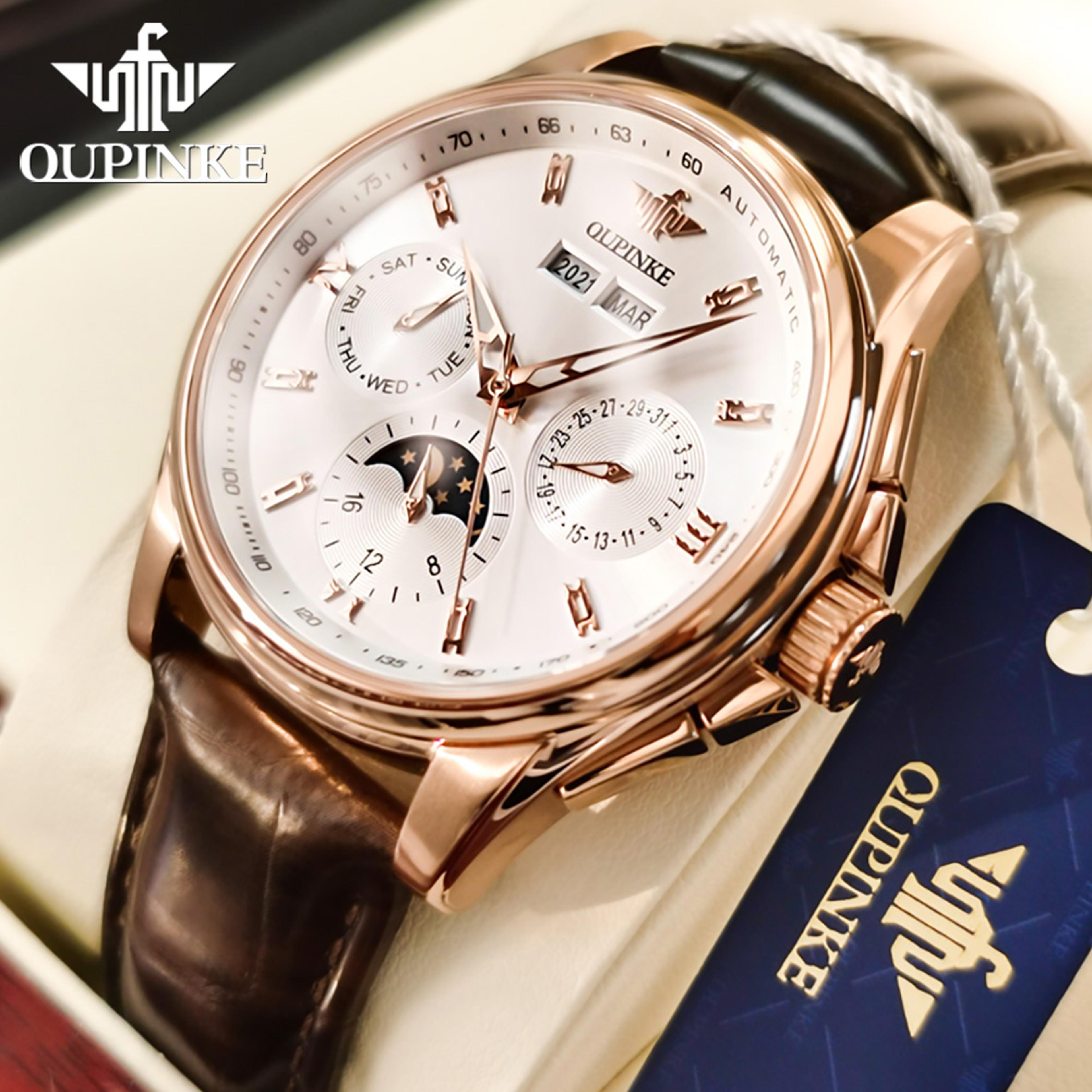 Automatic Mechanical Watch With Moon Phase Sapphire Crystal And Leather Strap 5