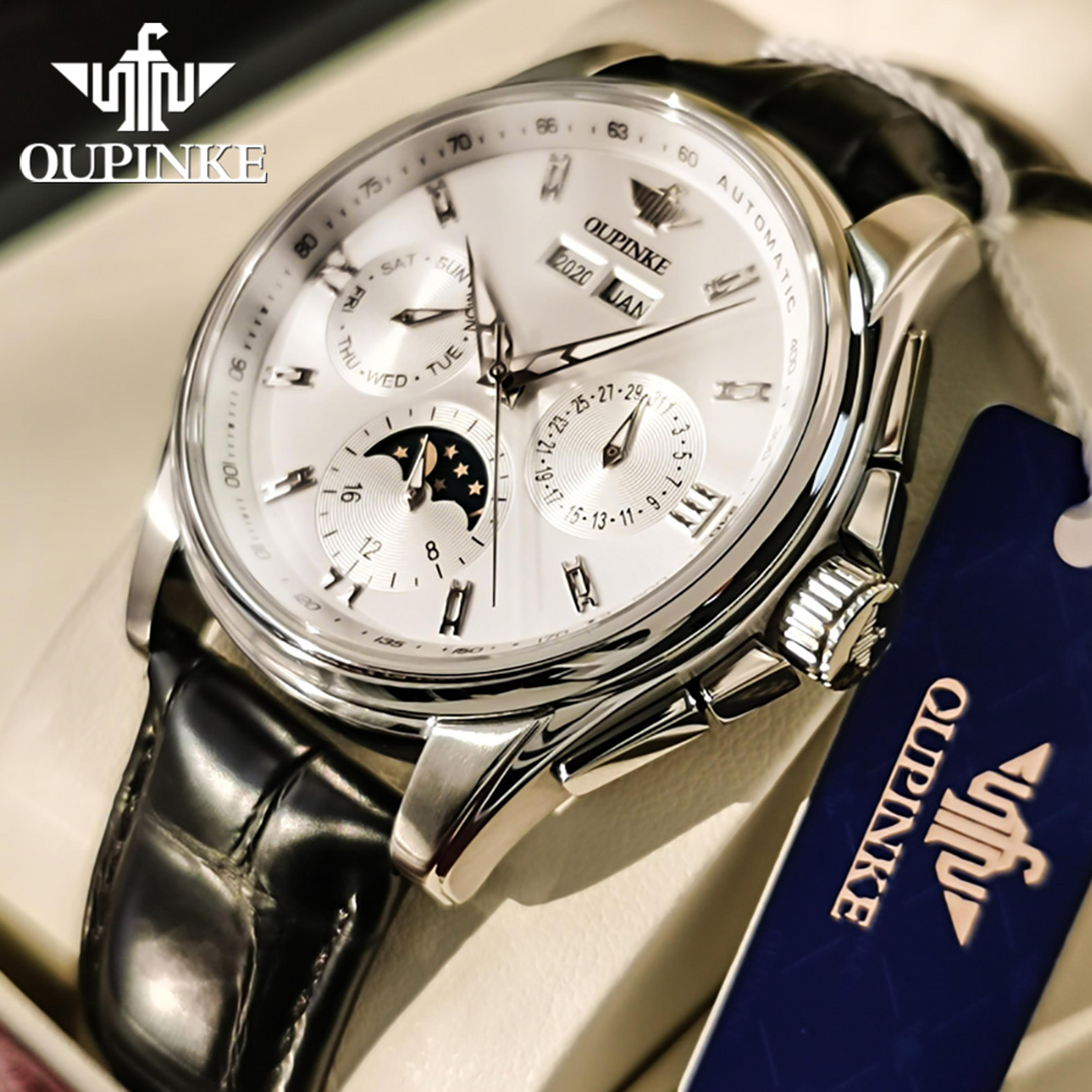 Automatic Mechanical Watch With Moon Phase Sapphire Crystal And Leather Strap 8