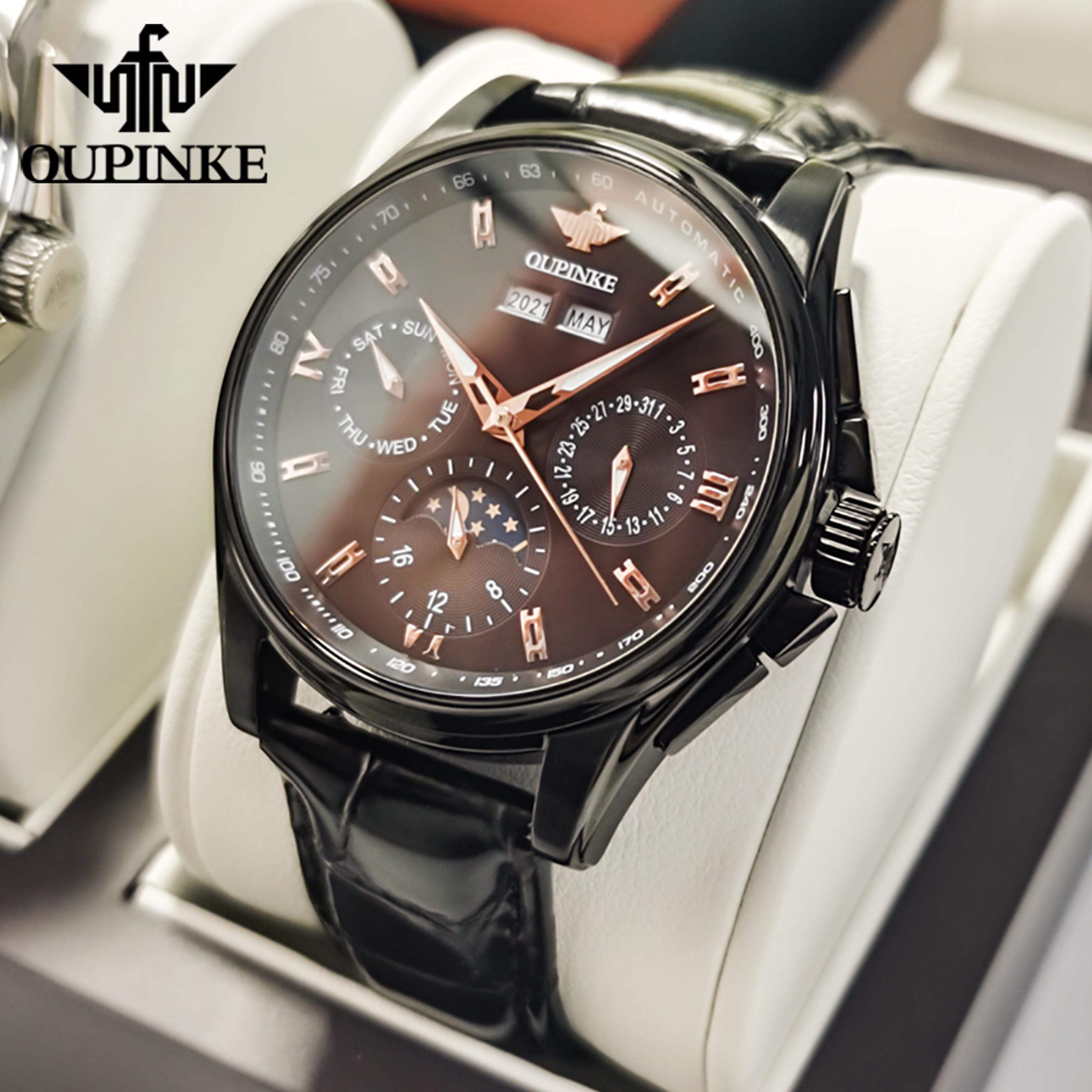 Automatic Mechanical Watch With Moon Phase Sapphire Crystal And Leather Strap 9