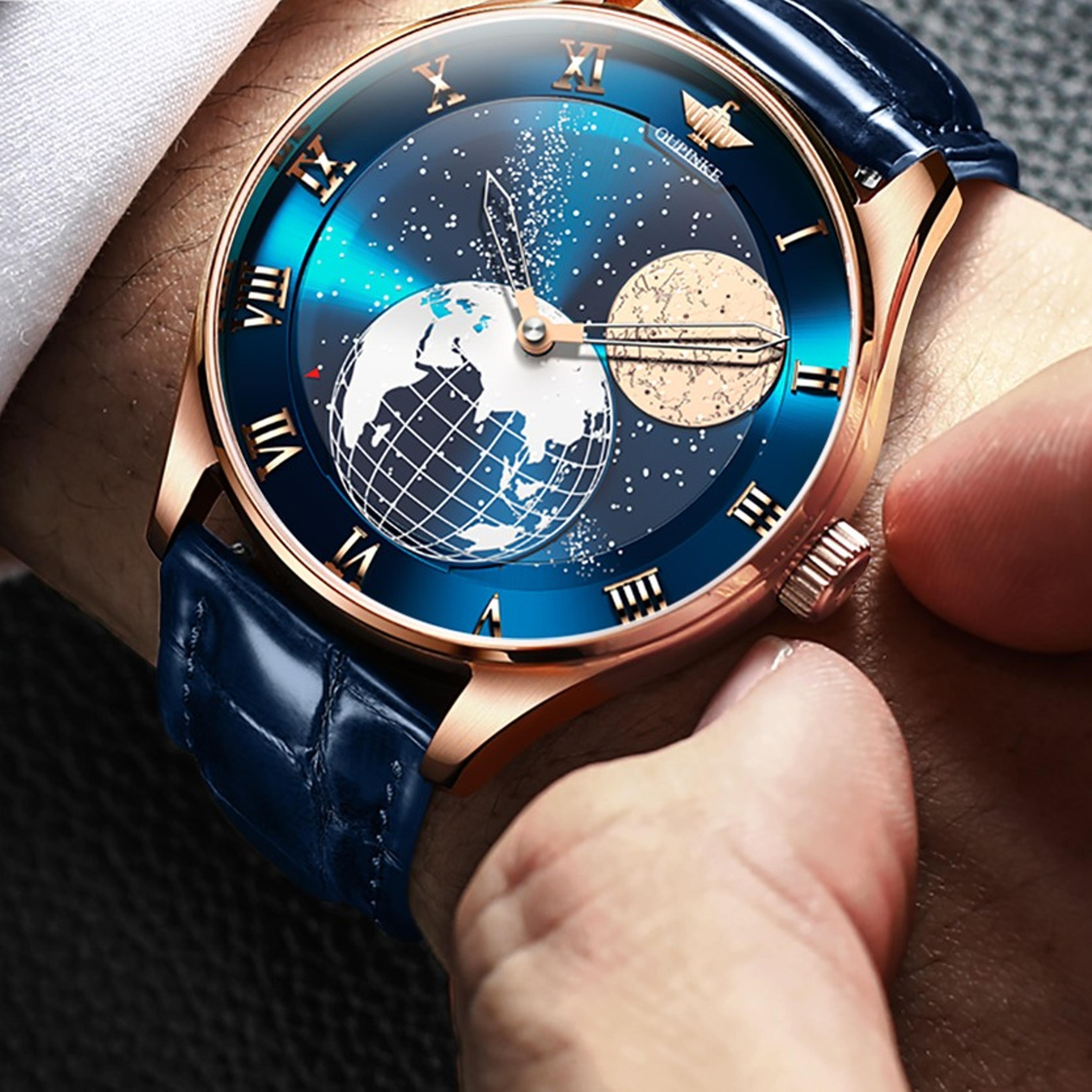 Earth Moon Phase Watch for Men Automatic Mechanical Starry Dial Watchjpg