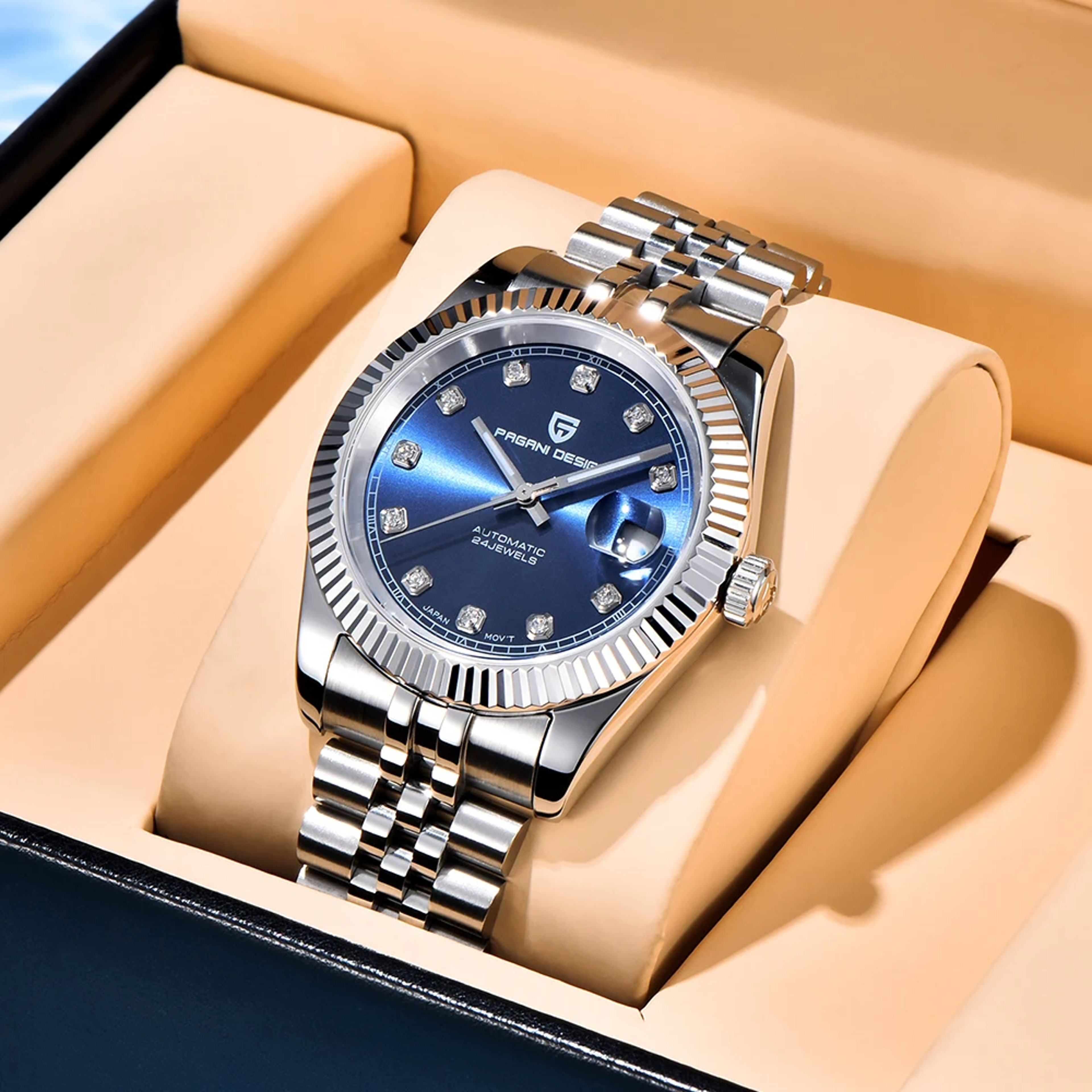 mens automatic mechanical watch with sapphire glass stainless steel business wristwatch