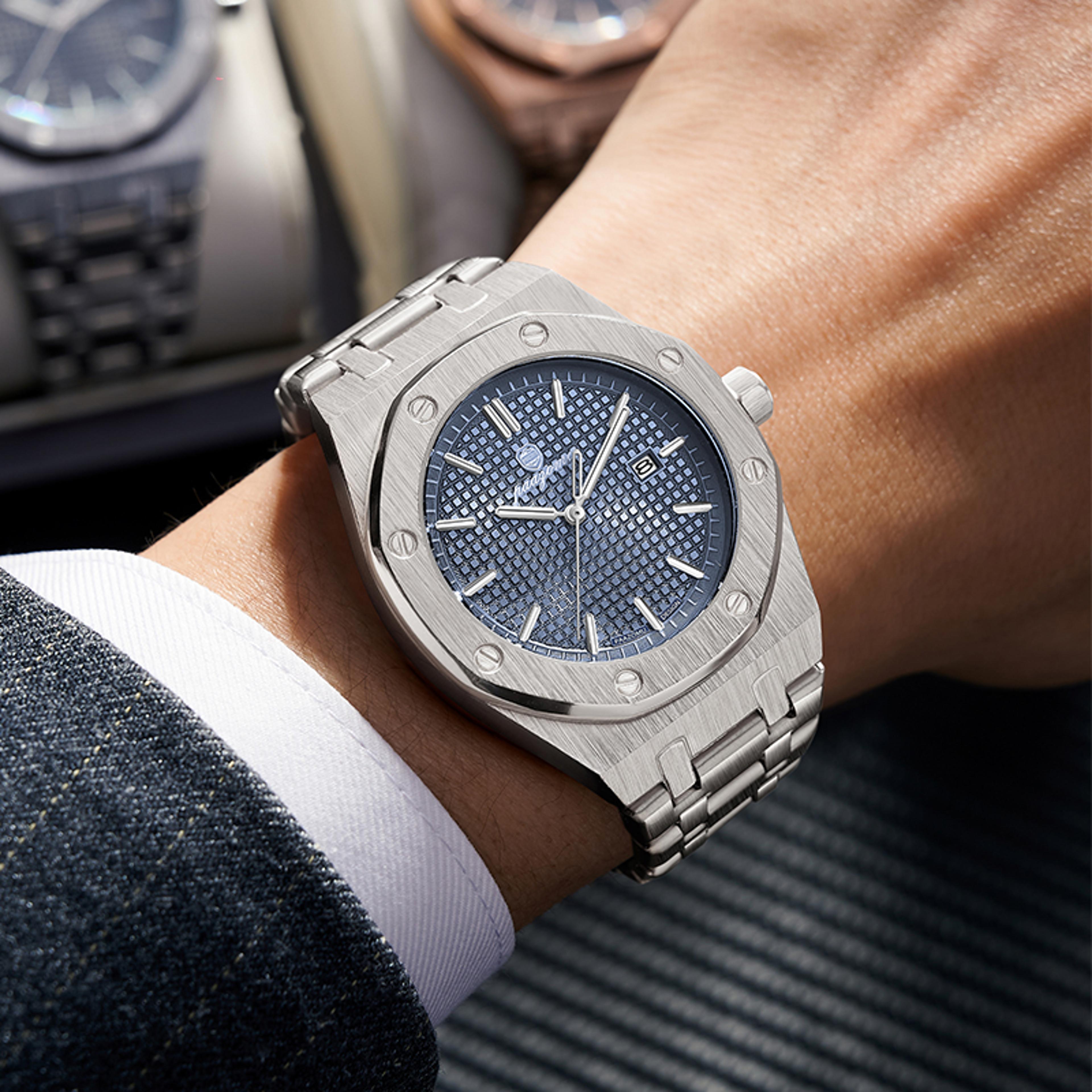 premium luxury mens blue dial quartz watch stainless steel business wristwatch