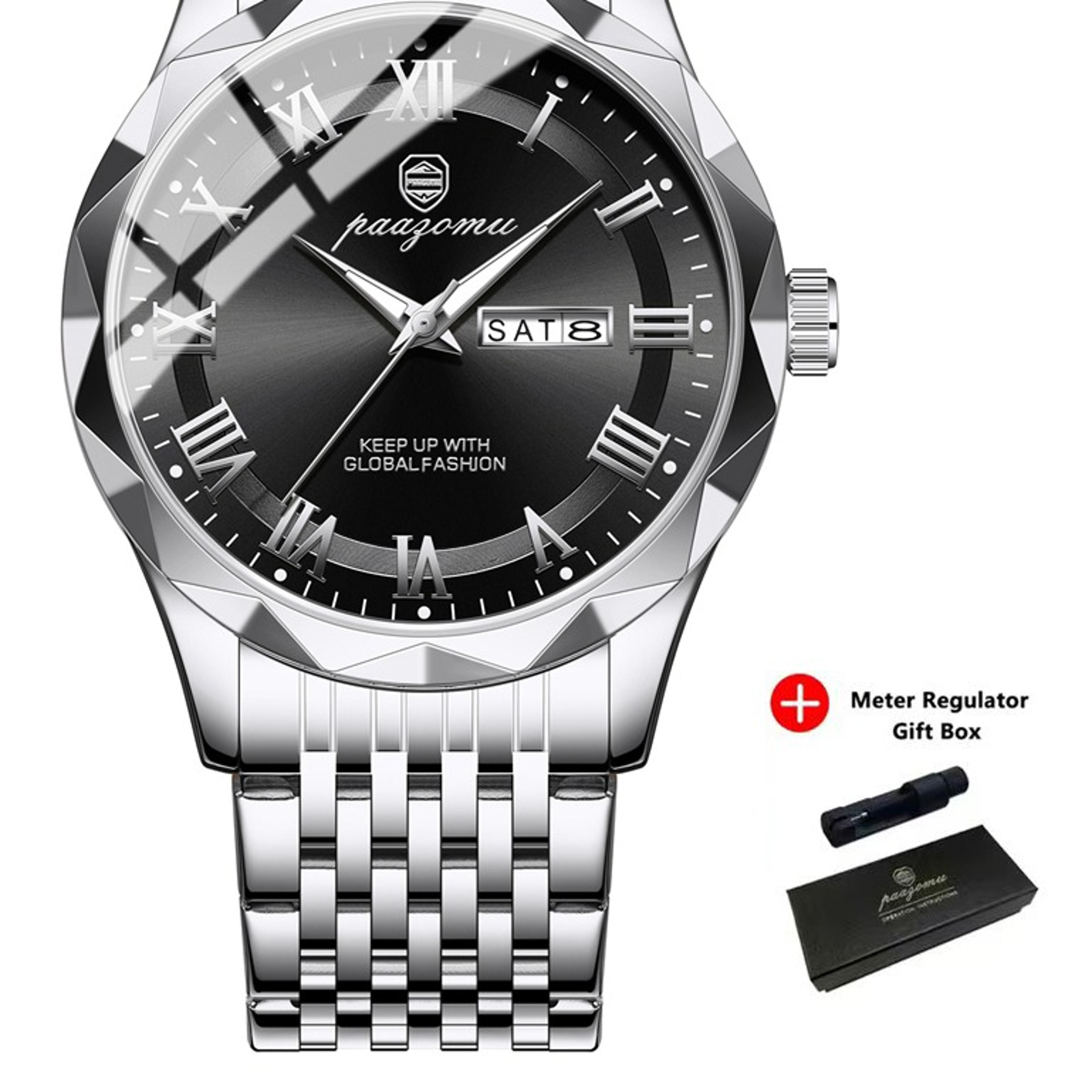 men stainless steel quartz watch with luminous date week display