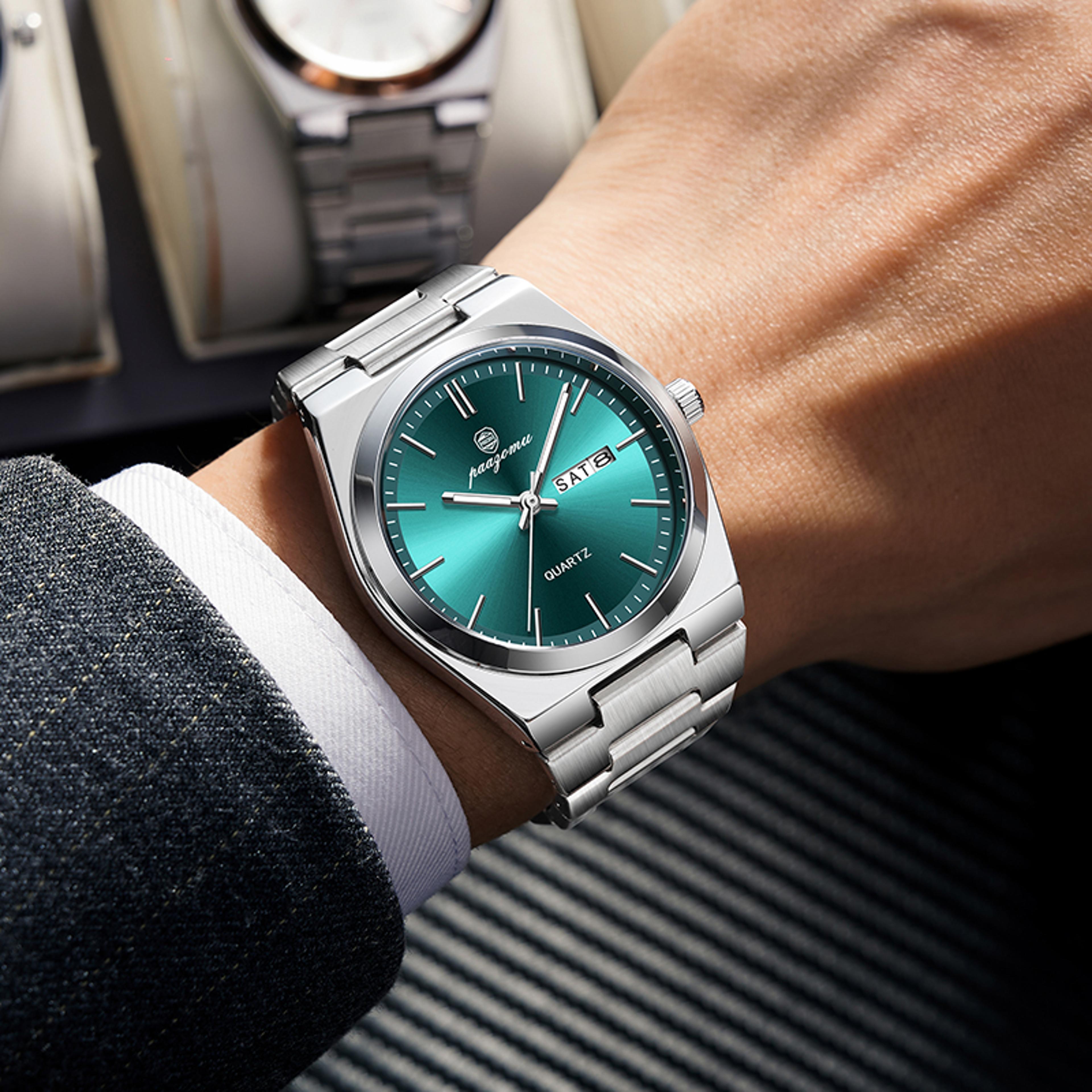 luxury mens waterproof stainless steel quartz watch with date and luminous dial