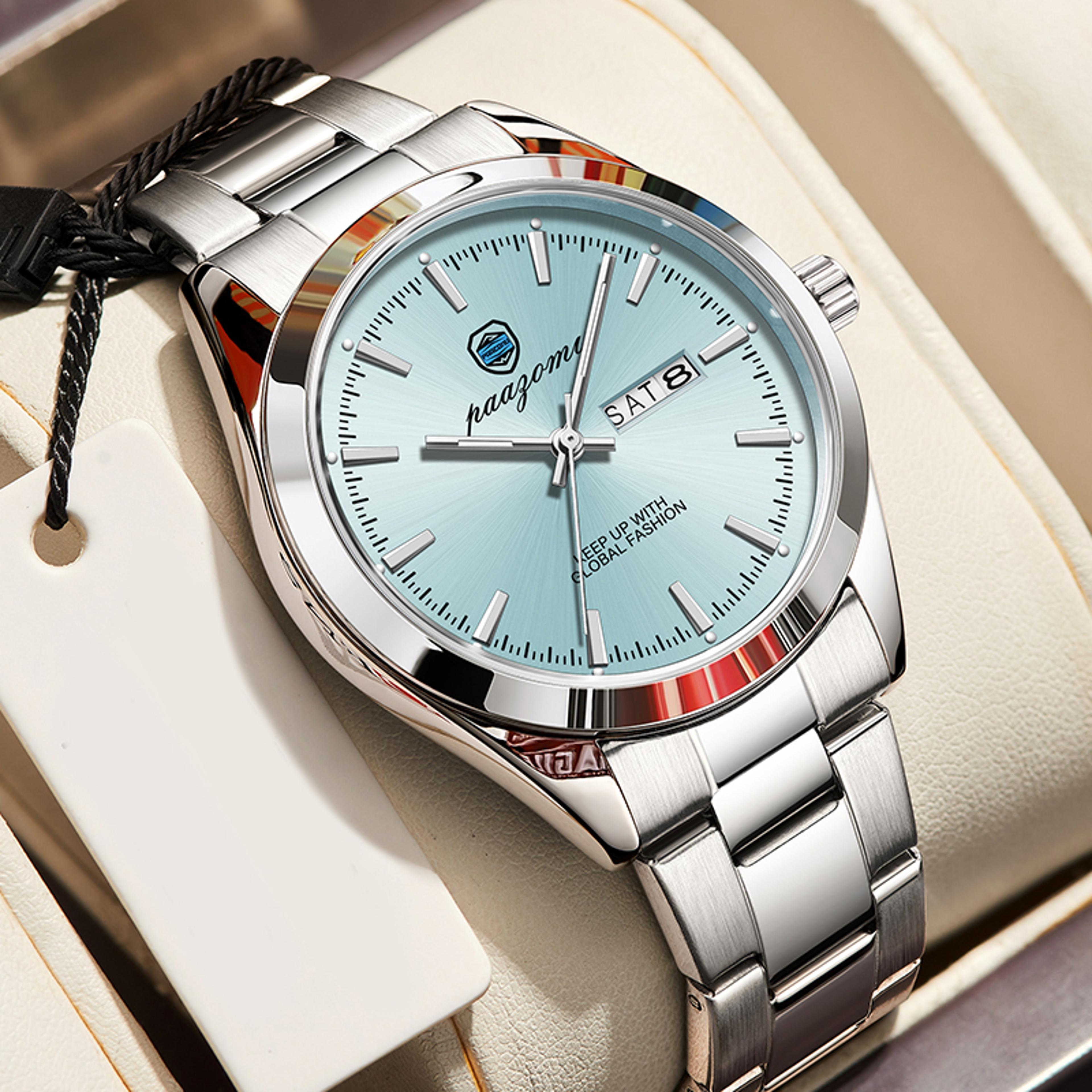 ultra thin stainless steel mens watch with luminous display waterproof date week quartz watch