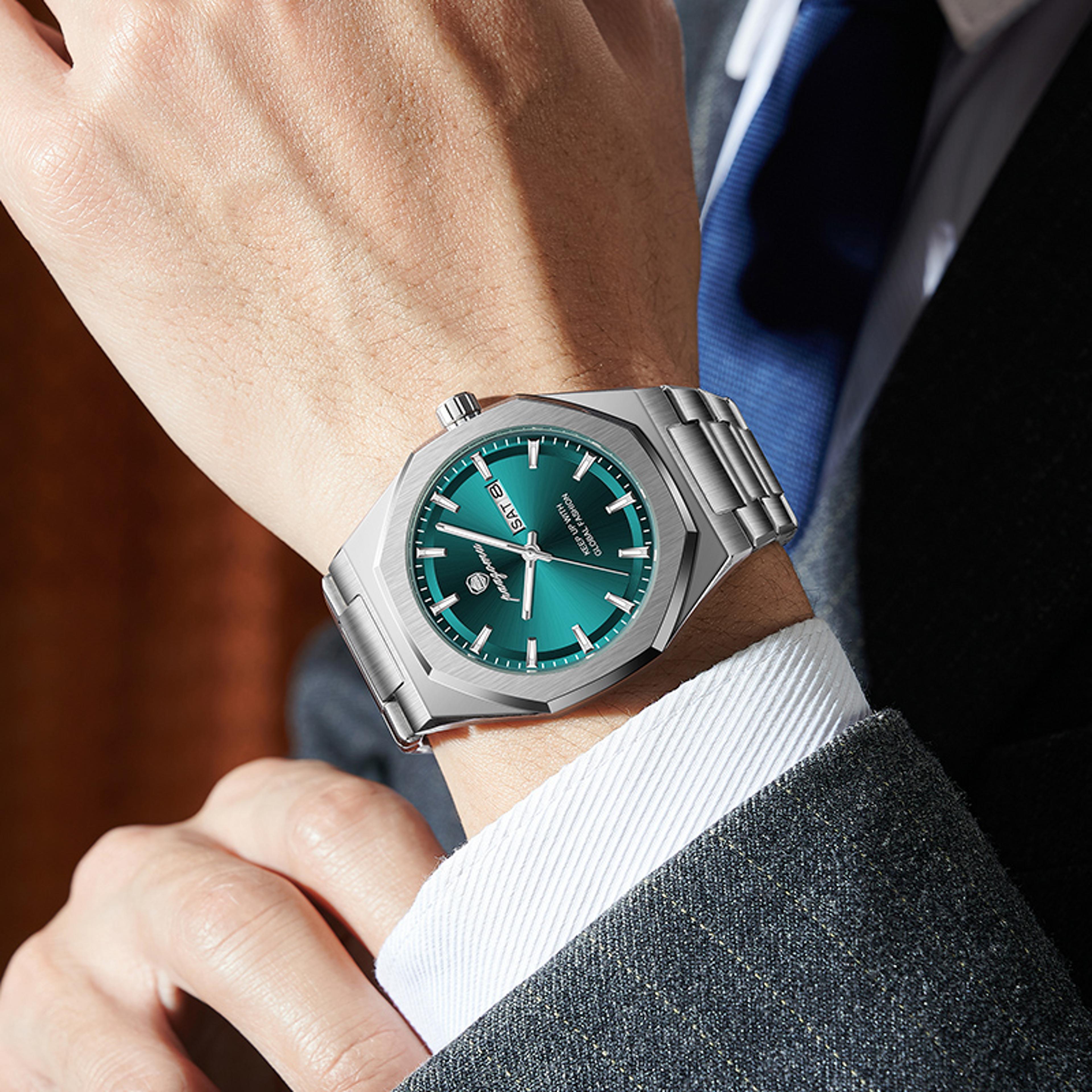 luxury green dial stainless steel quartz watch for men with dual date display and waterproof business style