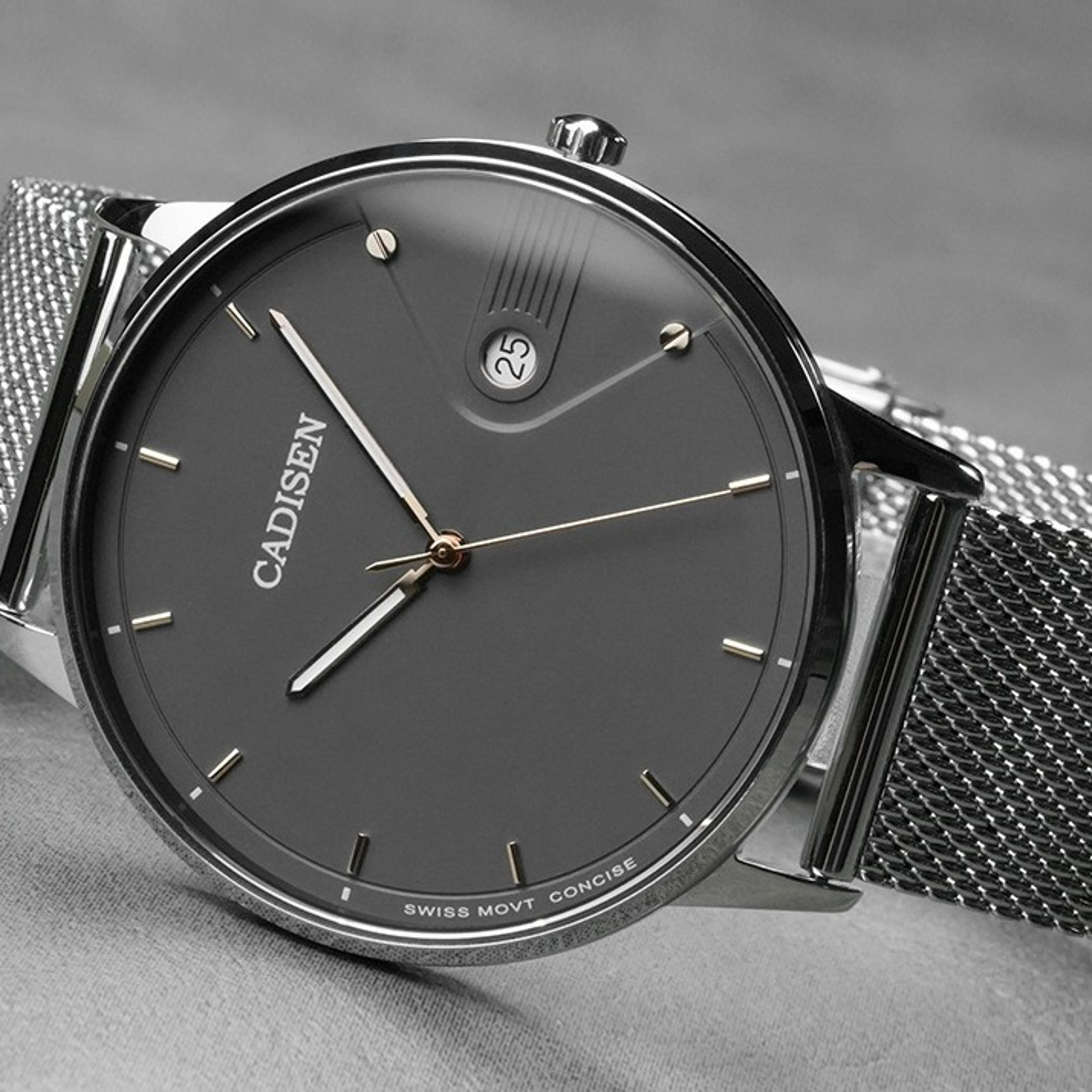ultra thin sapphire crystal mens watch with luminous milano mesh strap