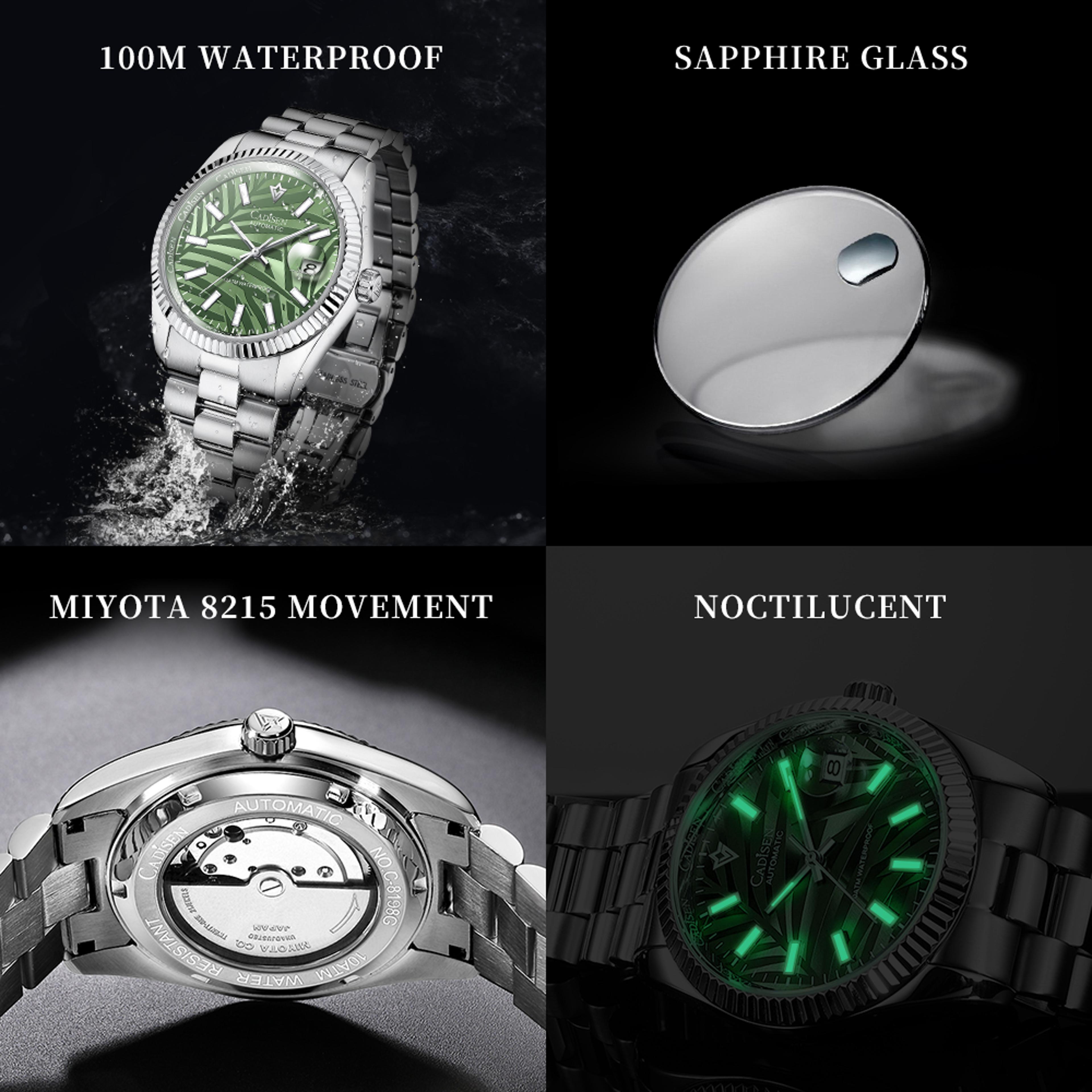 Palm Leaf Dial Automatic Mechanical Watch Men Luxury Olive Green Wristwatch 4