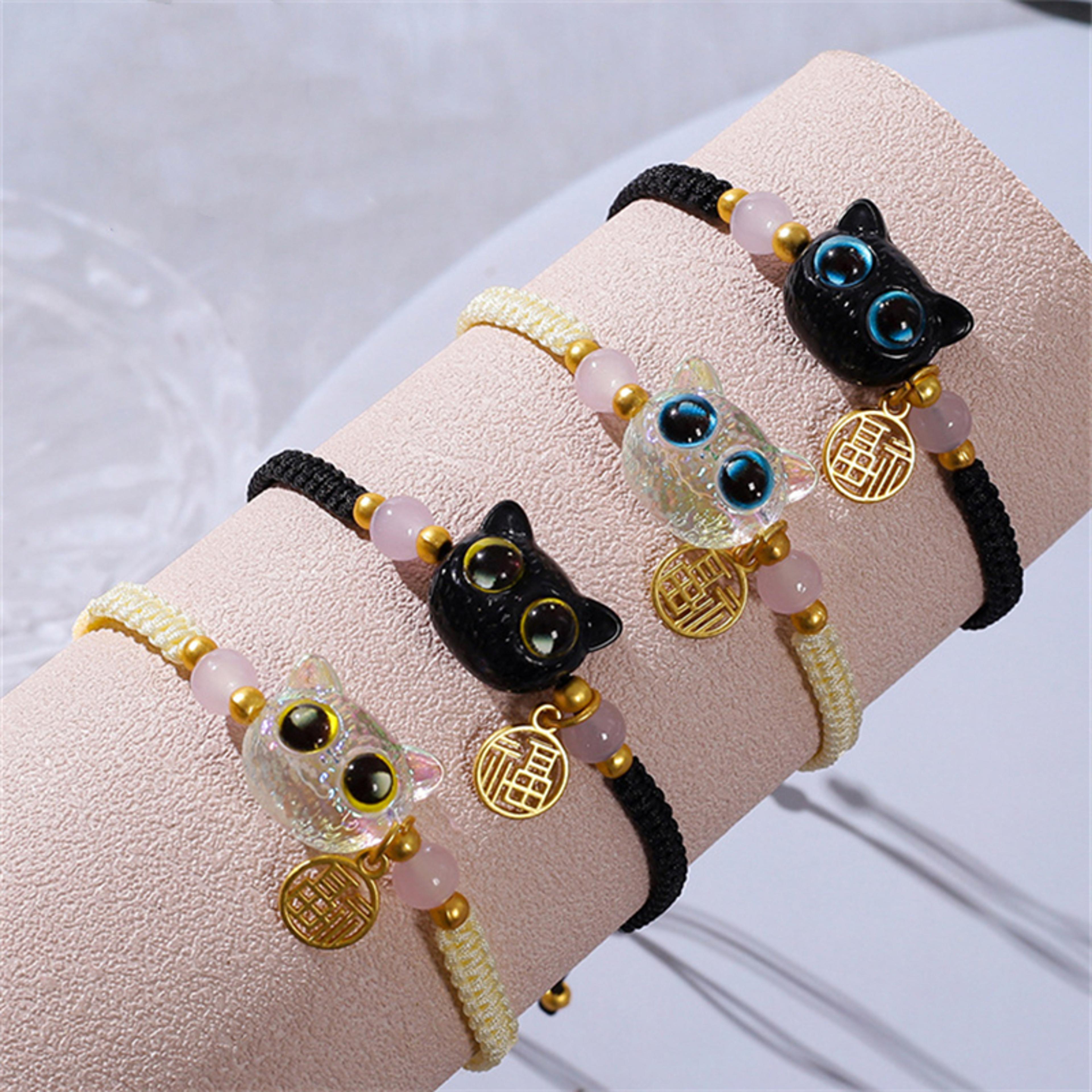 Handmade Lucky Blue Eye Black Cat Bracelet Set For Couples Women Men Friendship Gift 2