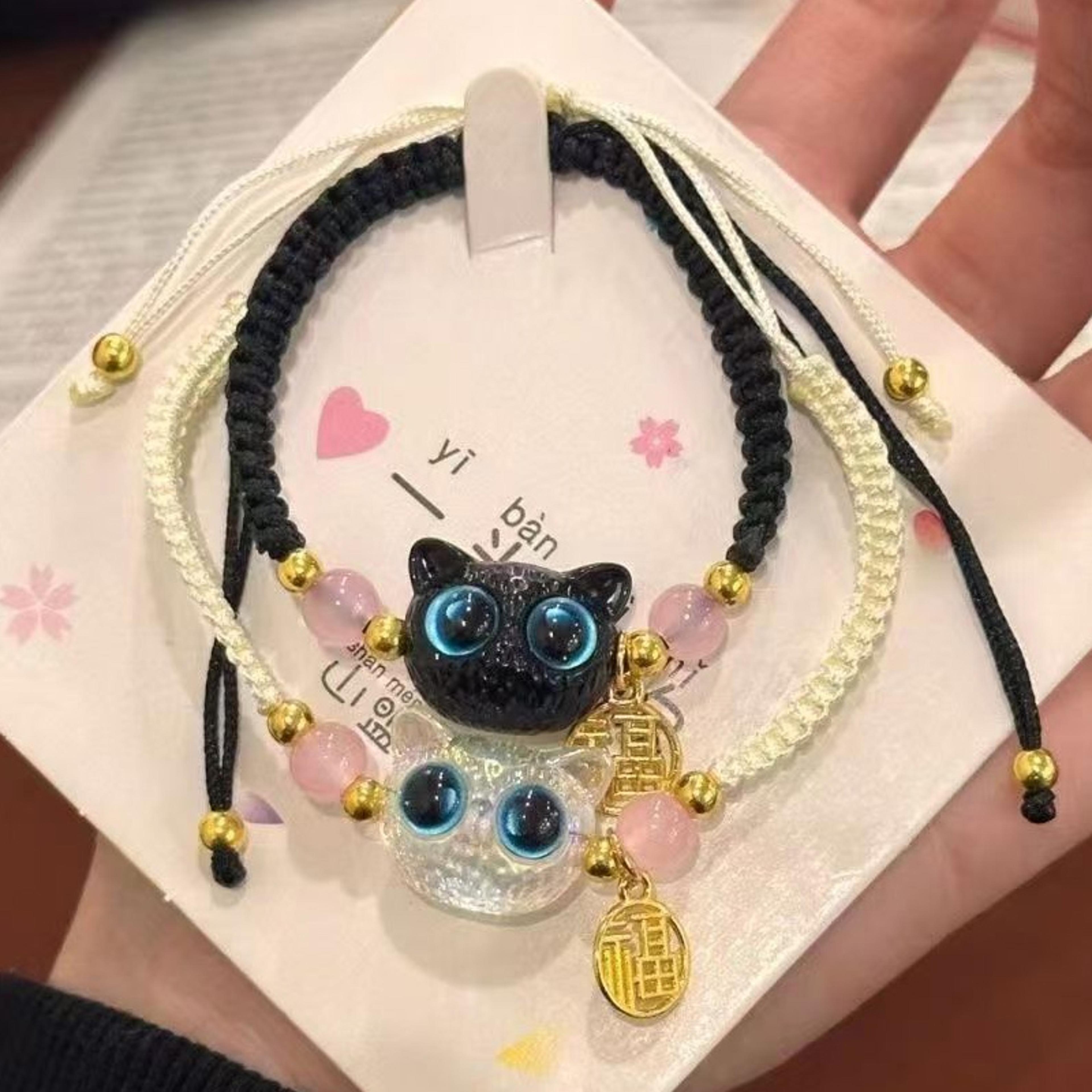 Handmade Lucky Blue Eye Black Cat Bracelet Set For Couples Women Men Friendship Gift 7