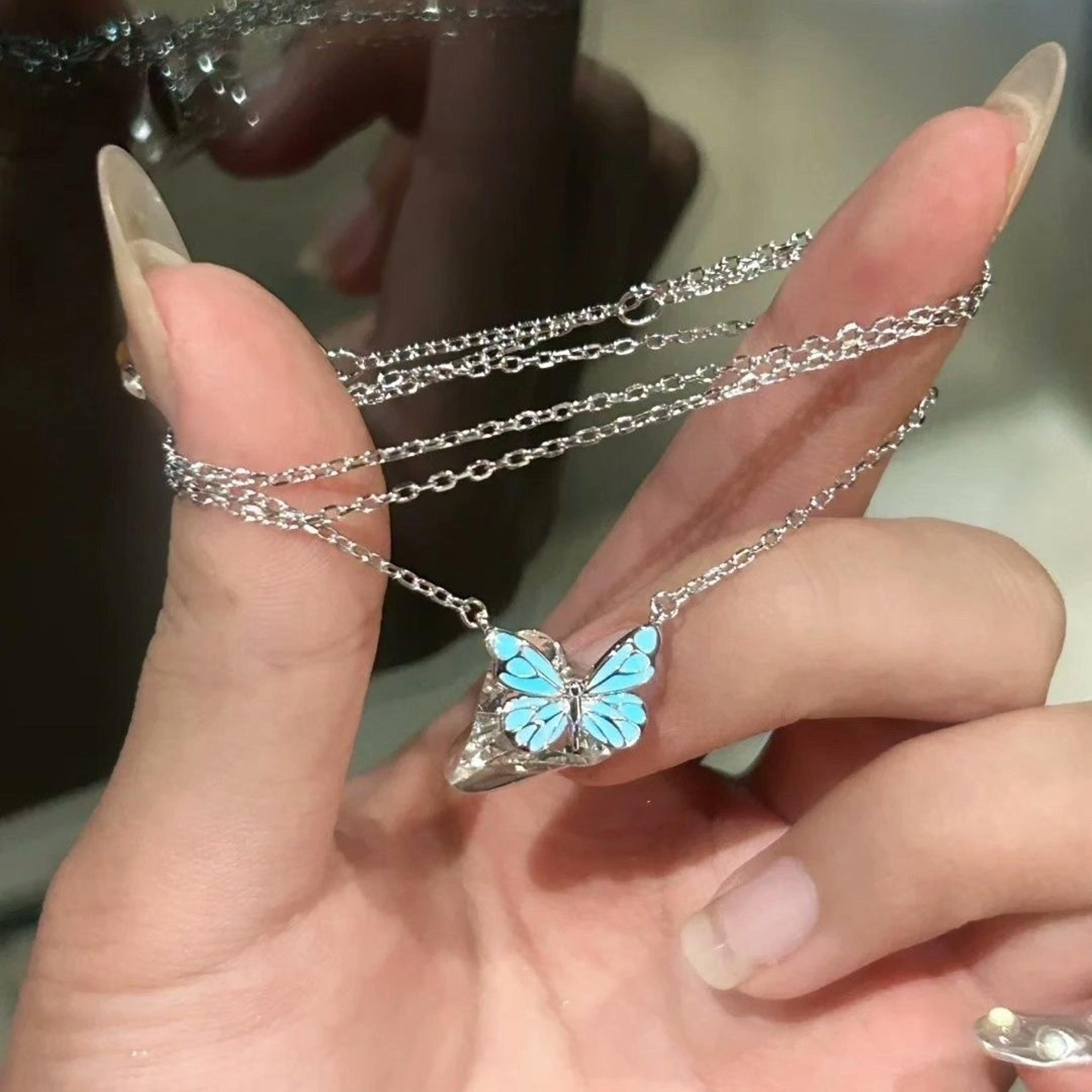 Blue Luminous Butterfly Necklace Bracelet Set For Women Glow In The Dark Jewelry Gift 3