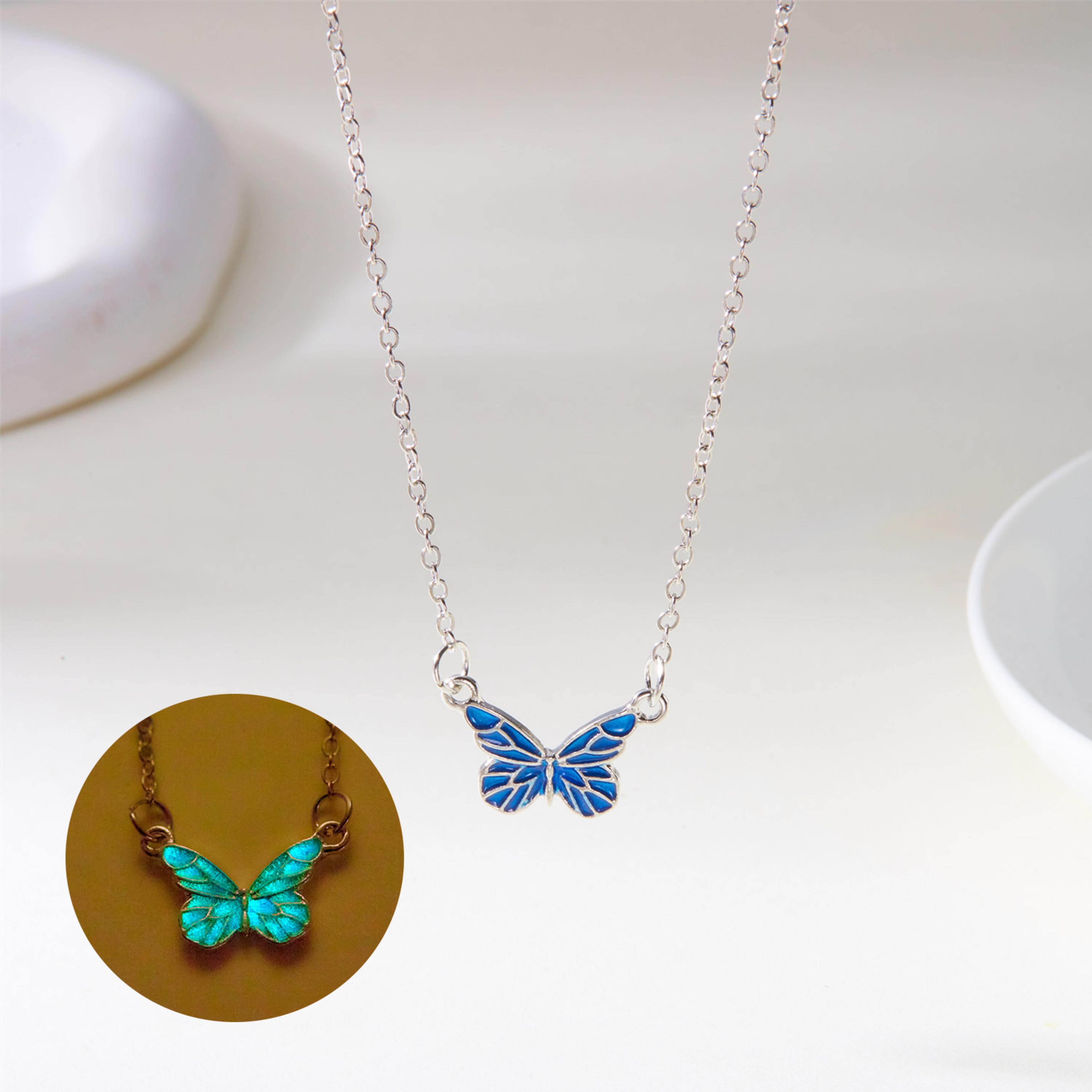 Blue Luminous Butterfly Necklace Bracelet Set For Women Glow In The Dark Jewelry Gift 4