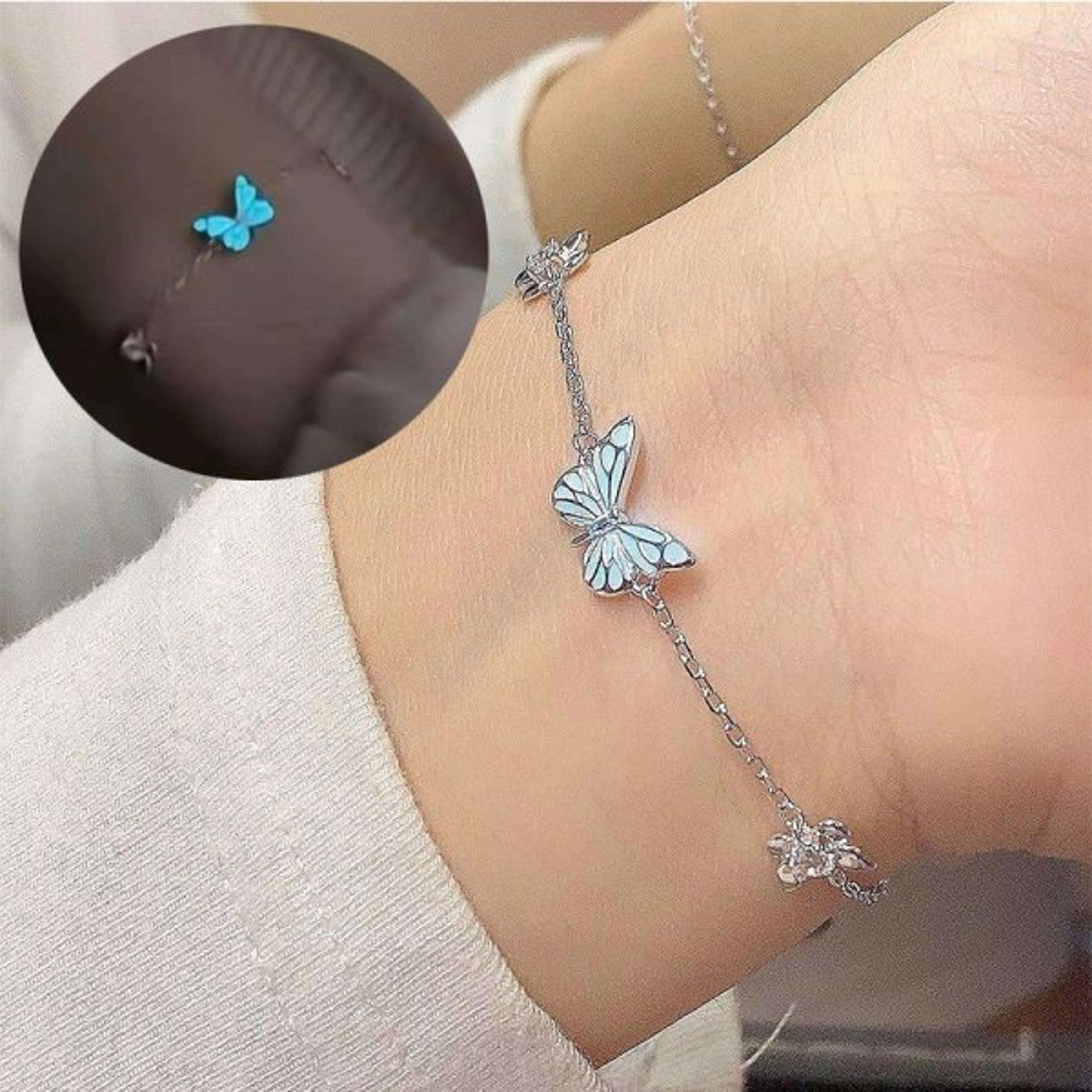 Blue Luminous Butterfly Necklace Bracelet Set For Women Glow In The Dark Jewelry Gift 7
