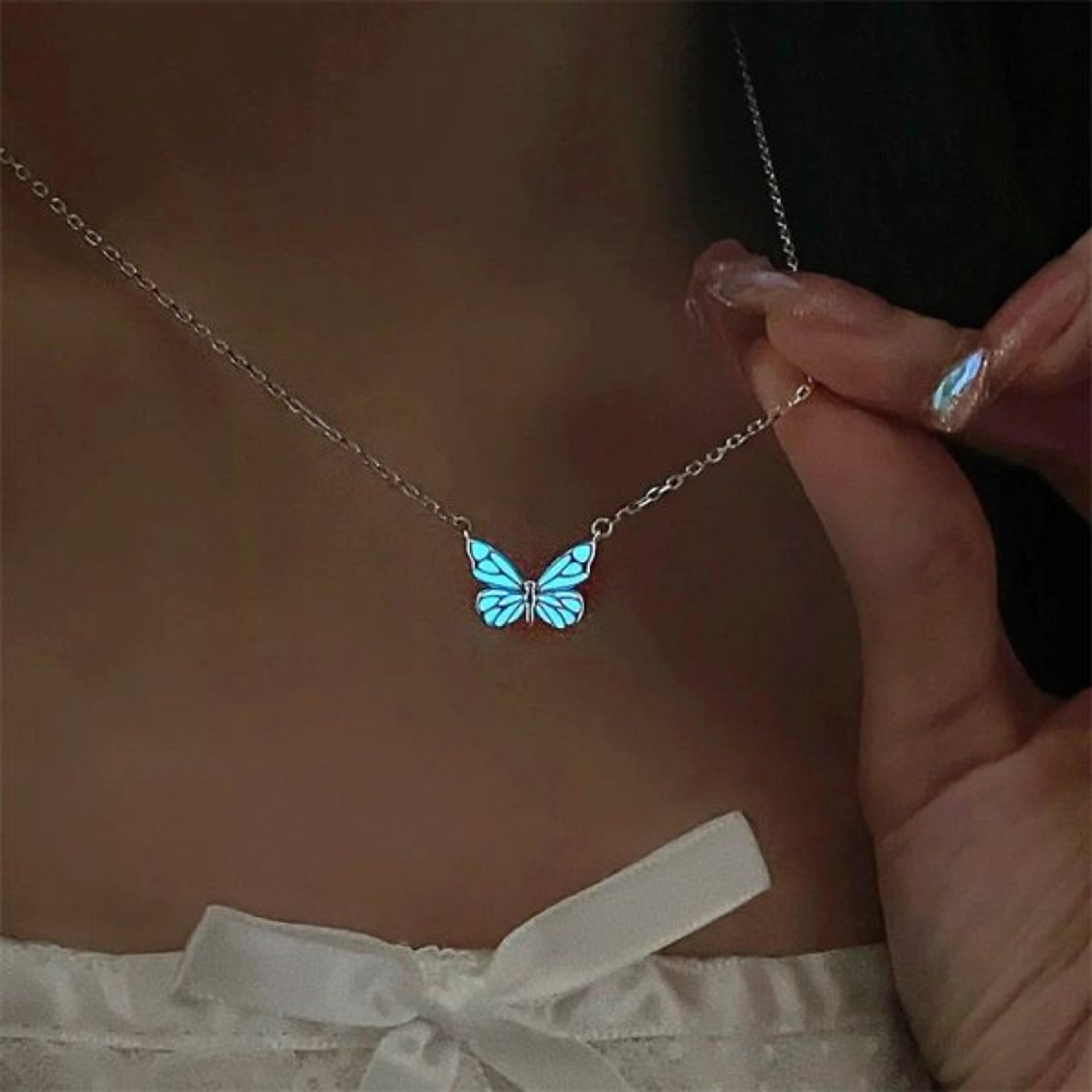 Blue Luminous Butterfly Necklace Bracelet Set For Women Glow In The Dark Jewelry Gift 9