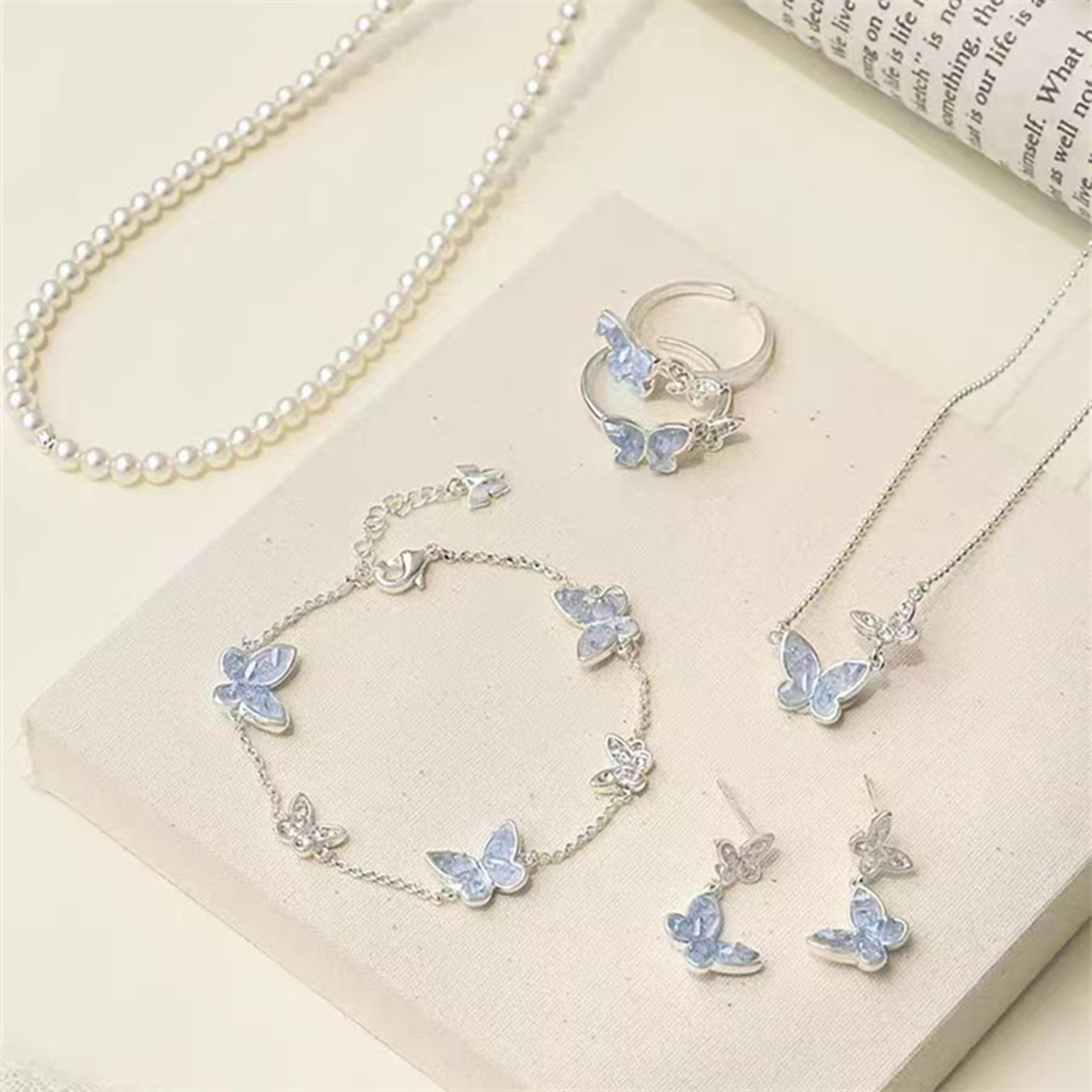 Crystal Butterfly Jewelry Set For Women Silver Tone Necklace Bracelet Earrings Ring 1