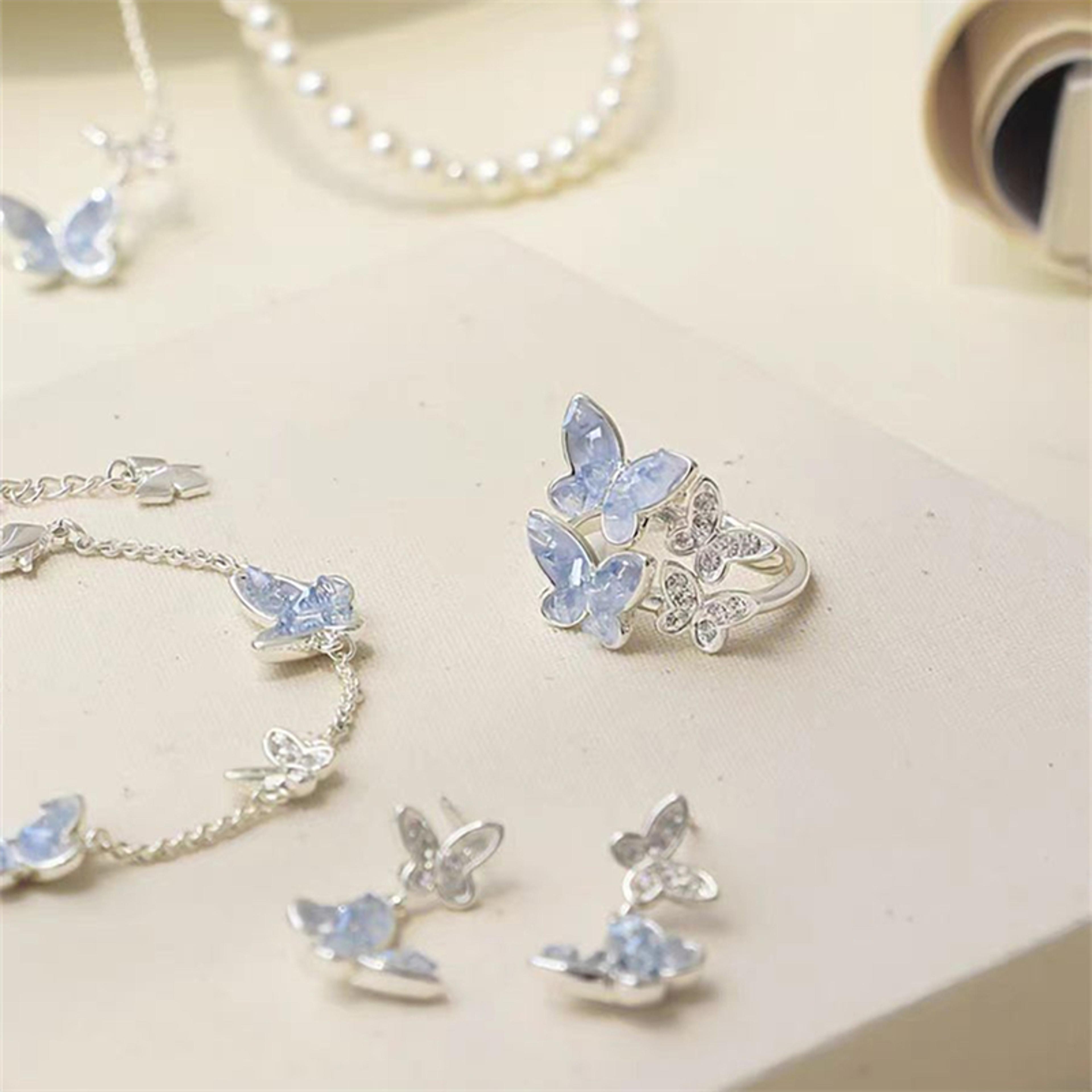 Crystal Butterfly Jewelry Set For Women Silver Tone Necklace Bracelet Earrings Ring 2