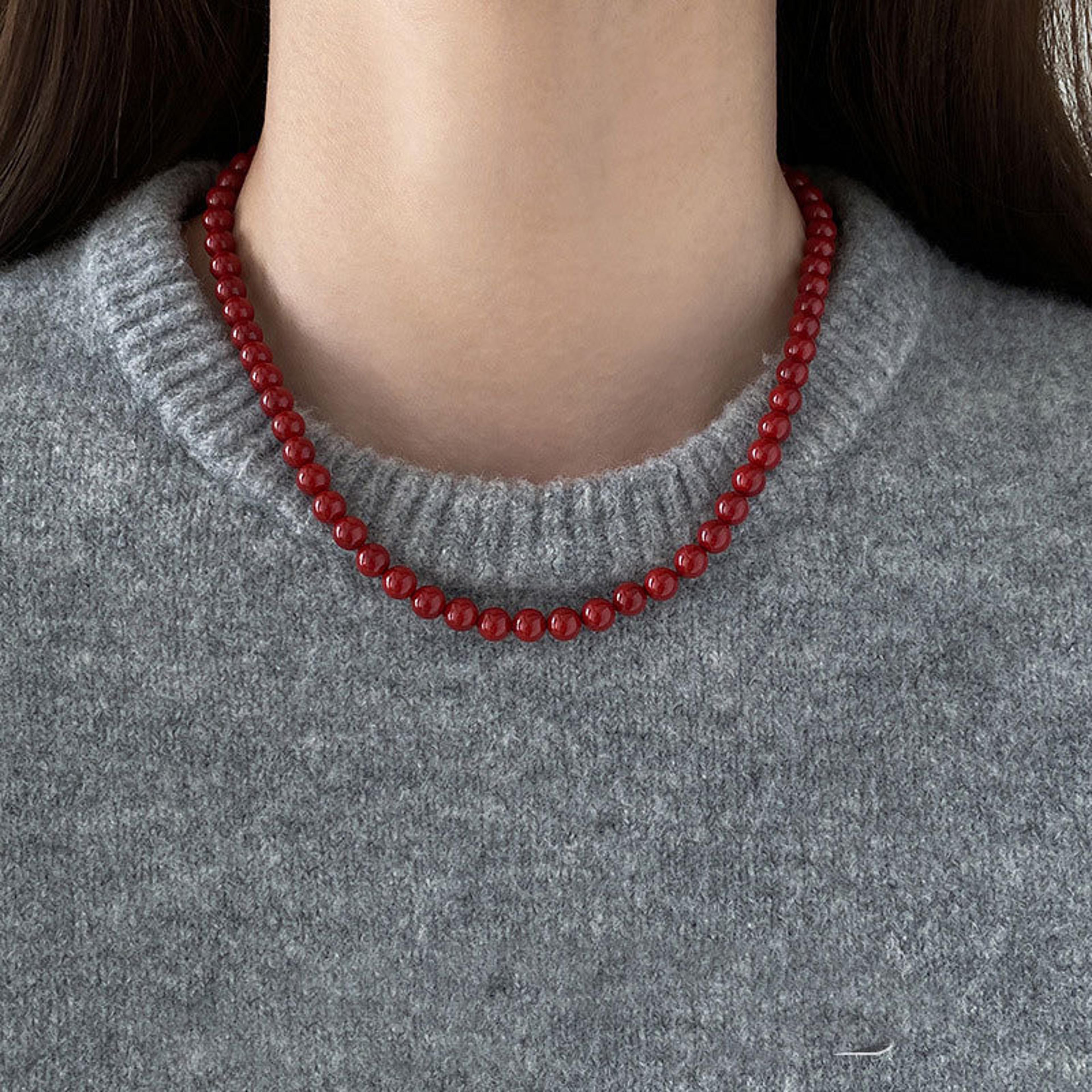 Red Glass Bead Choker Necklace For Women Silver Plated Chain Jewelry 6