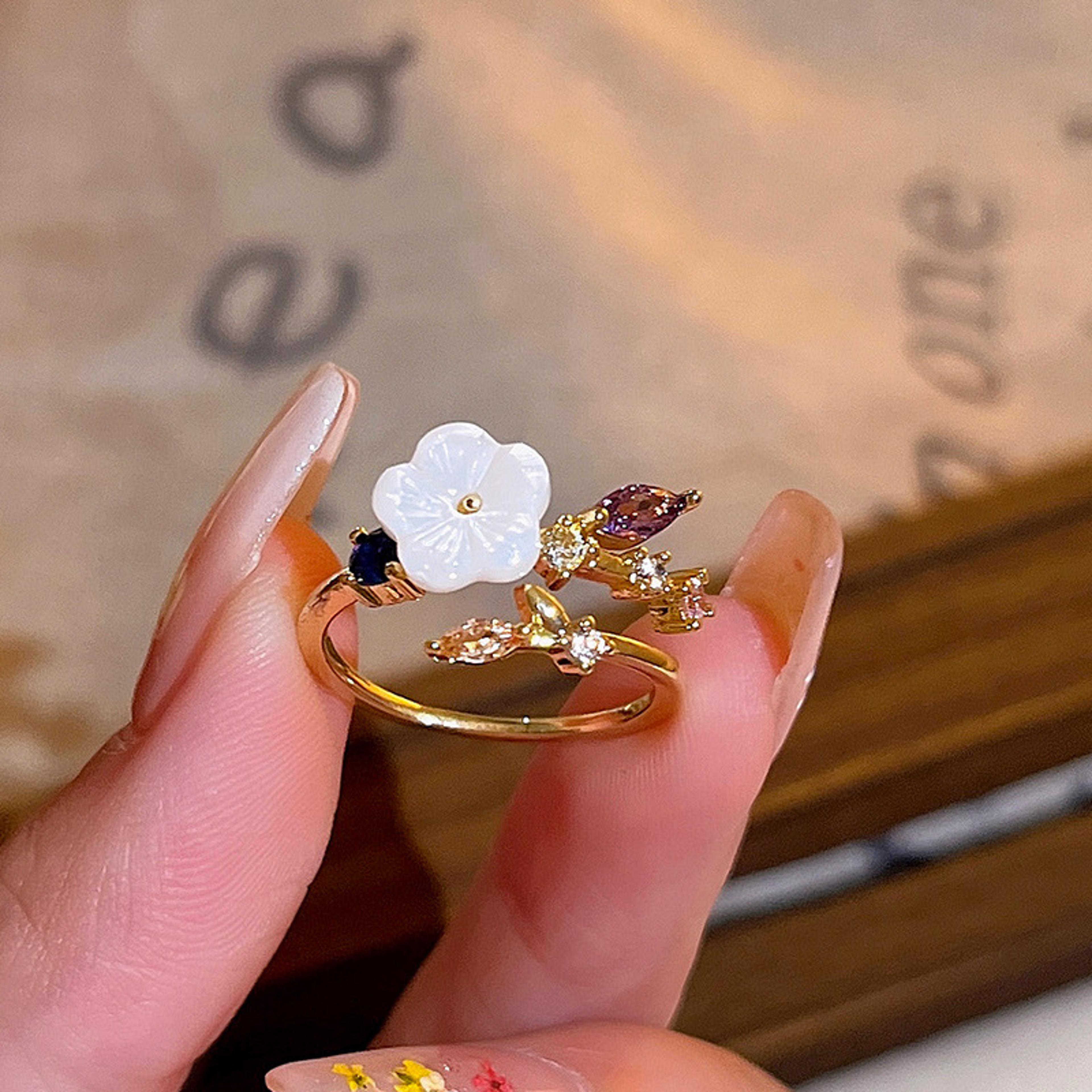 Flower Ring For Women Elegant Rhinestone Crystal Open Ring Romantic Jewelry Gift 1