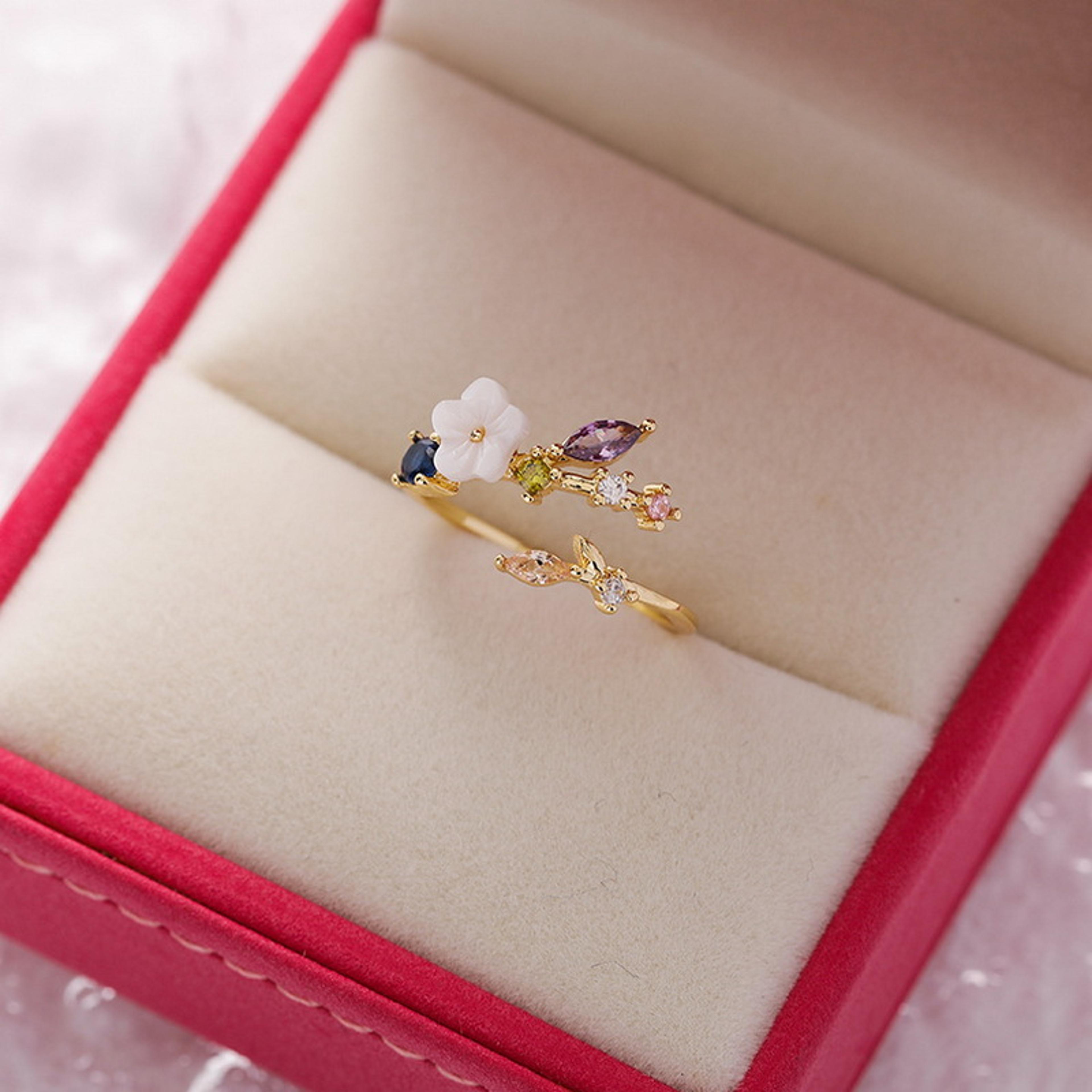 Flower Ring For Women Elegant Rhinestone Crystal Open Ring Romantic Jewelry Gift 8