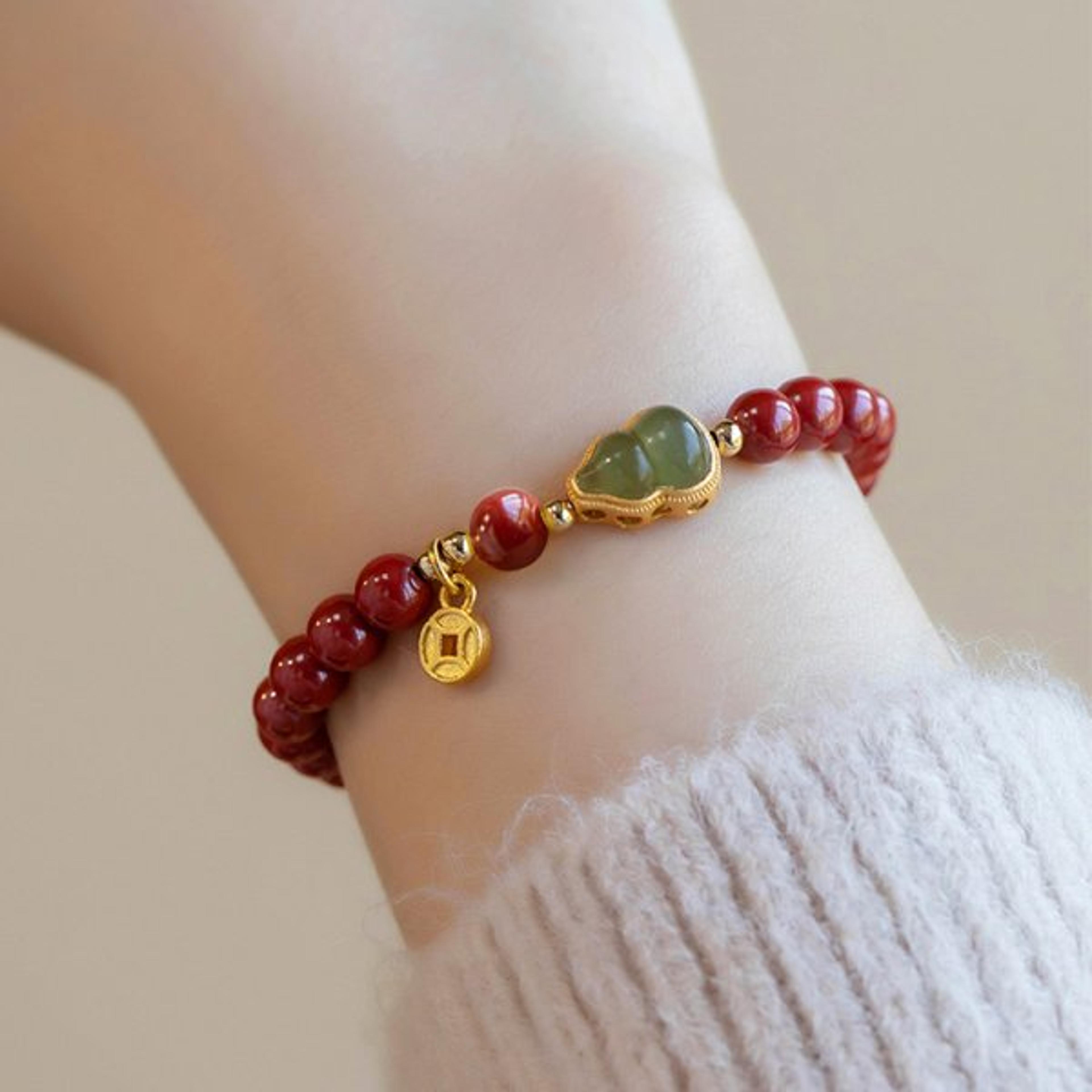 Lucky Cinnabar Red Gold Beaded Bracelet Natural Stone Charm Jewelry Gift 6