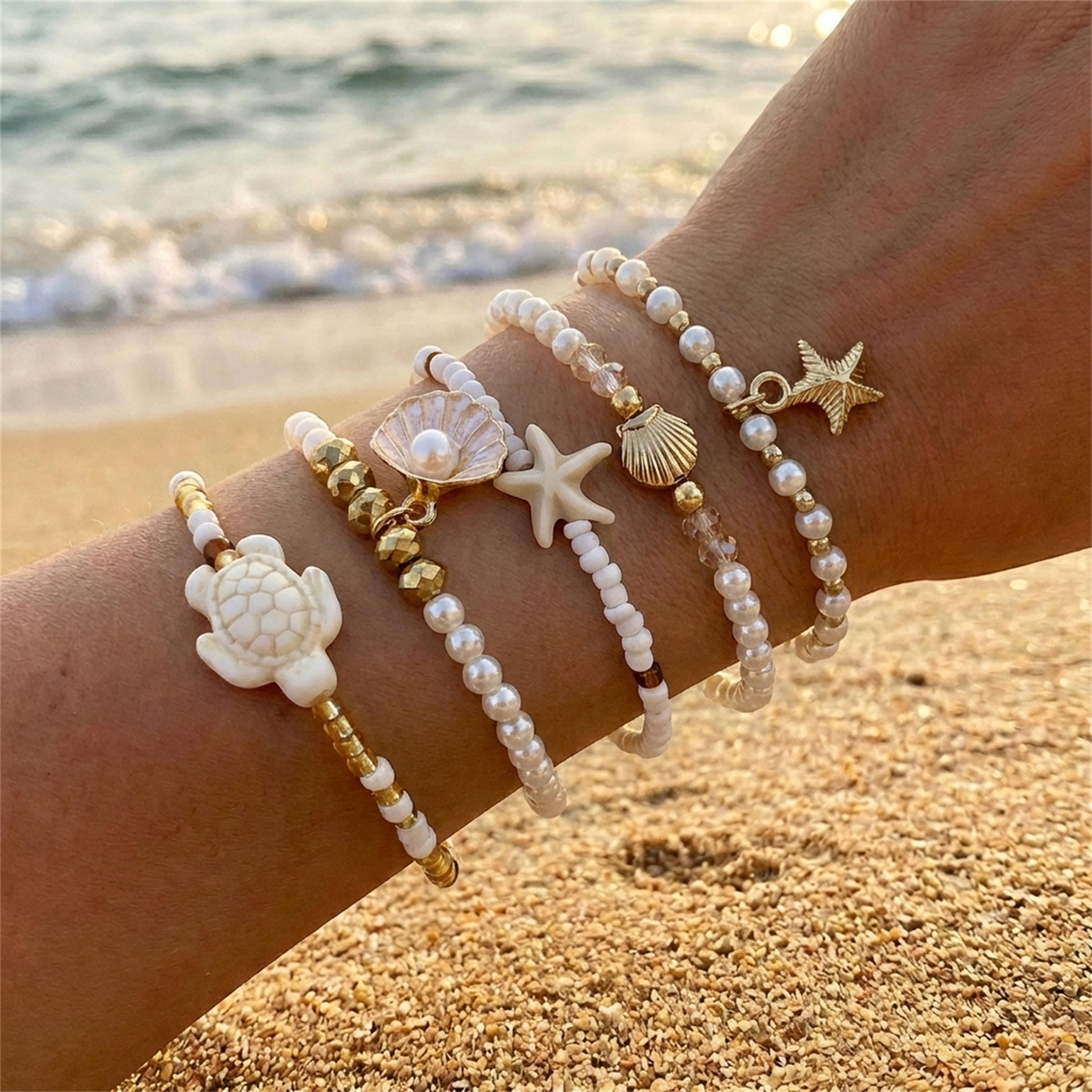 multilayer sea turtle shell chain bracelet set for women elegant pearl resort jewelry
