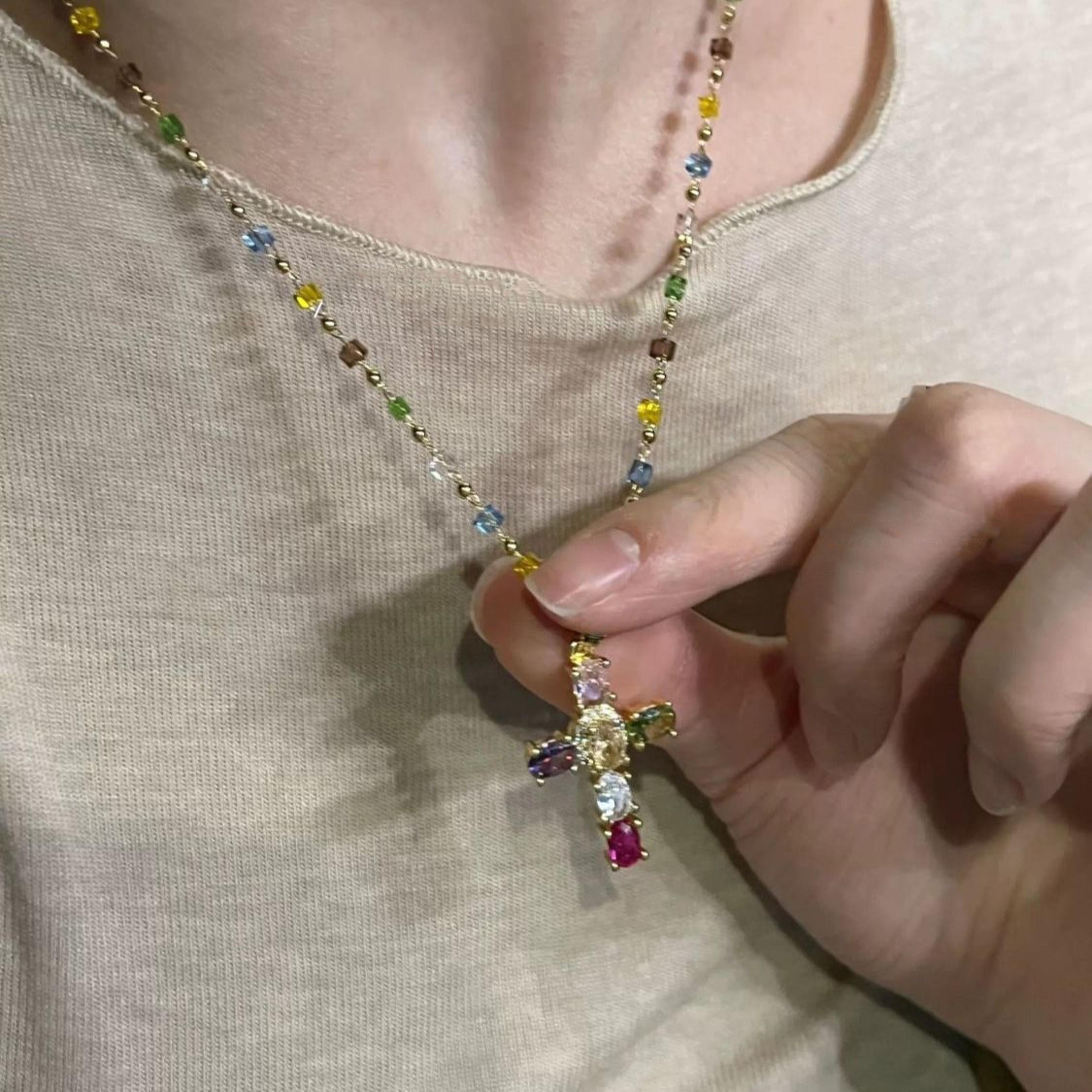 Colorful Zircon Cross Pendant Necklace For Women Stainless Steel Religious Jewelry 5