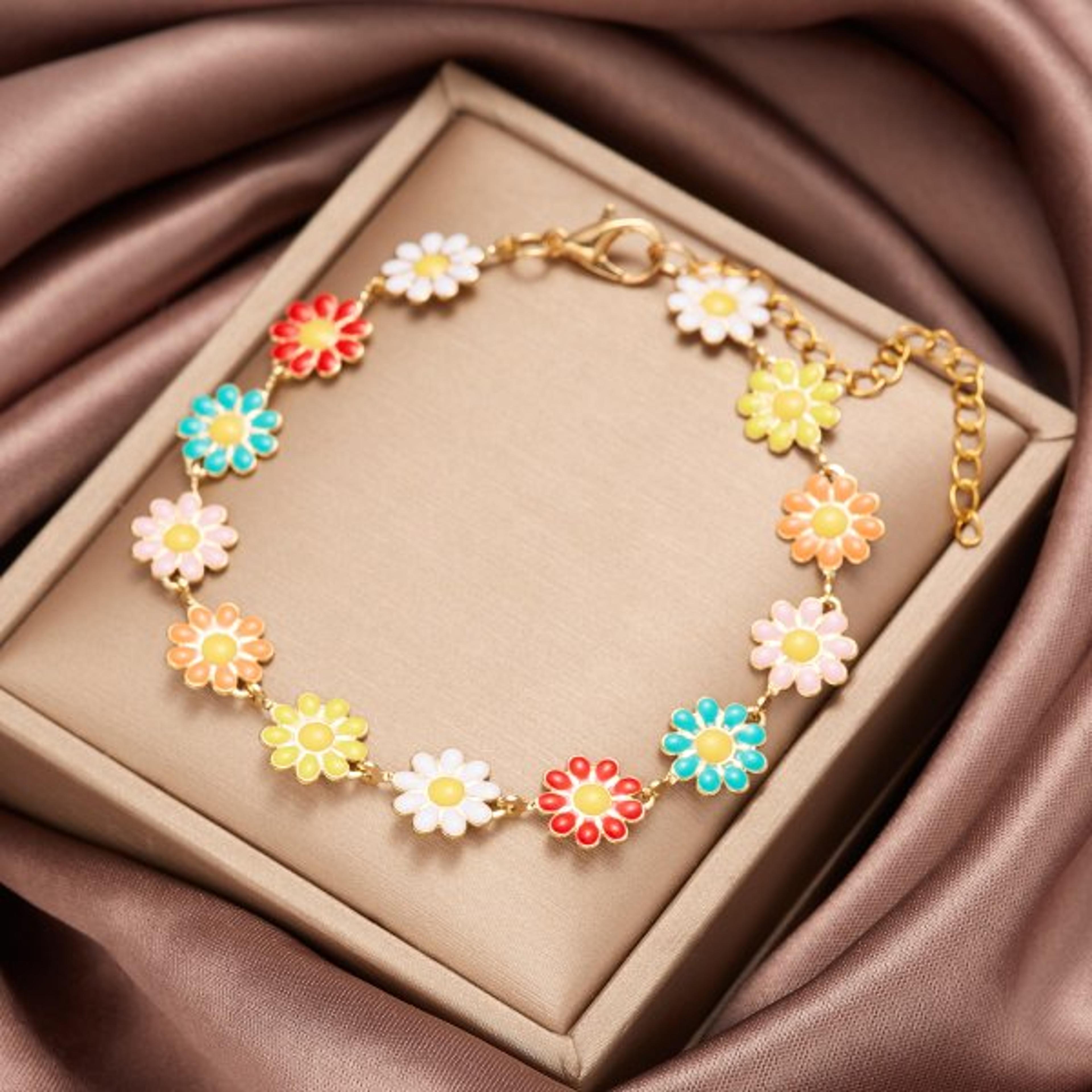 Daisy Flower Enamel Bracelet For Women Bohemian Floral Jewelry Stackable Charm Gift 10