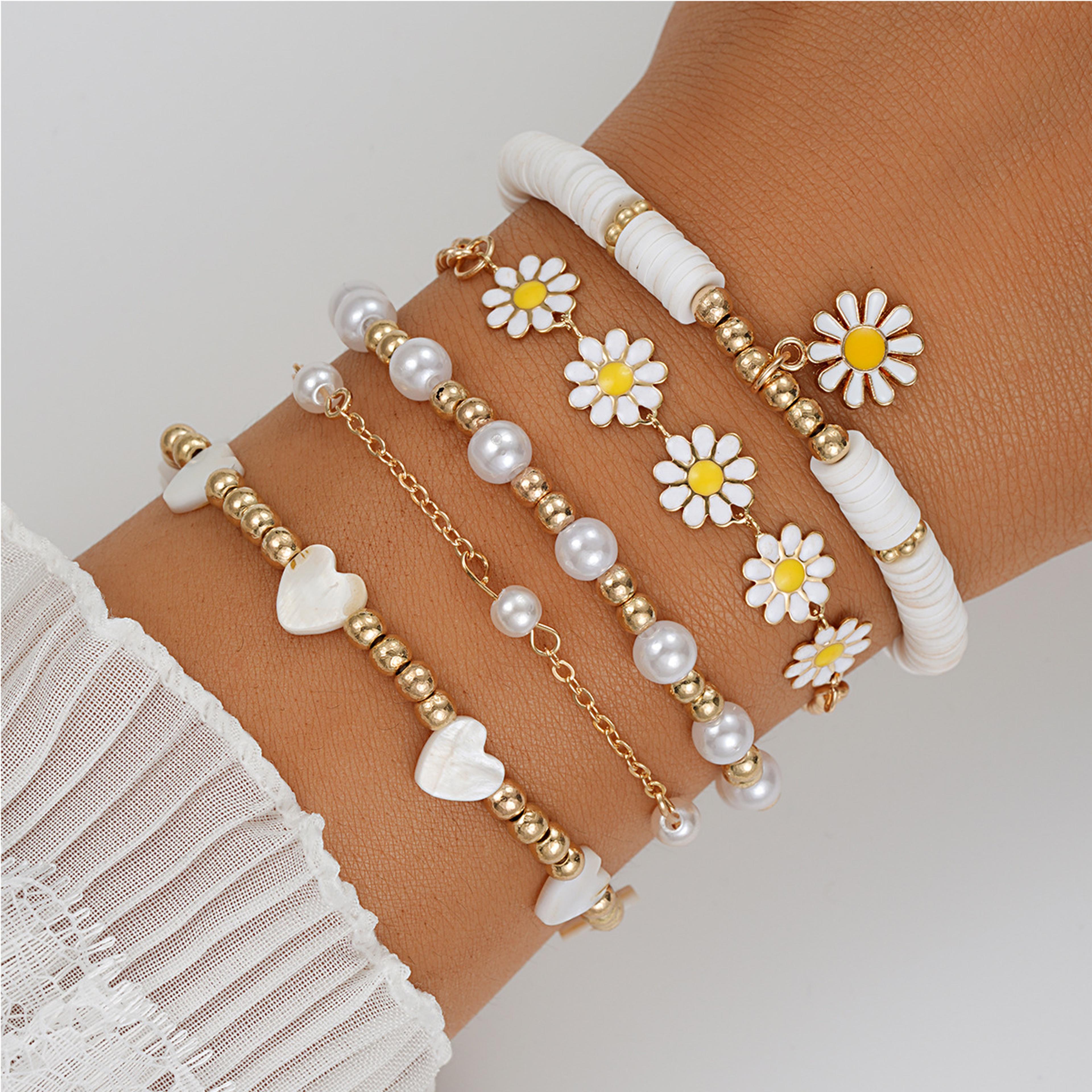 Daisy Flower Enamel Bracelet For Women Bohemian Floral Jewelry Stackable Charm Gift 8