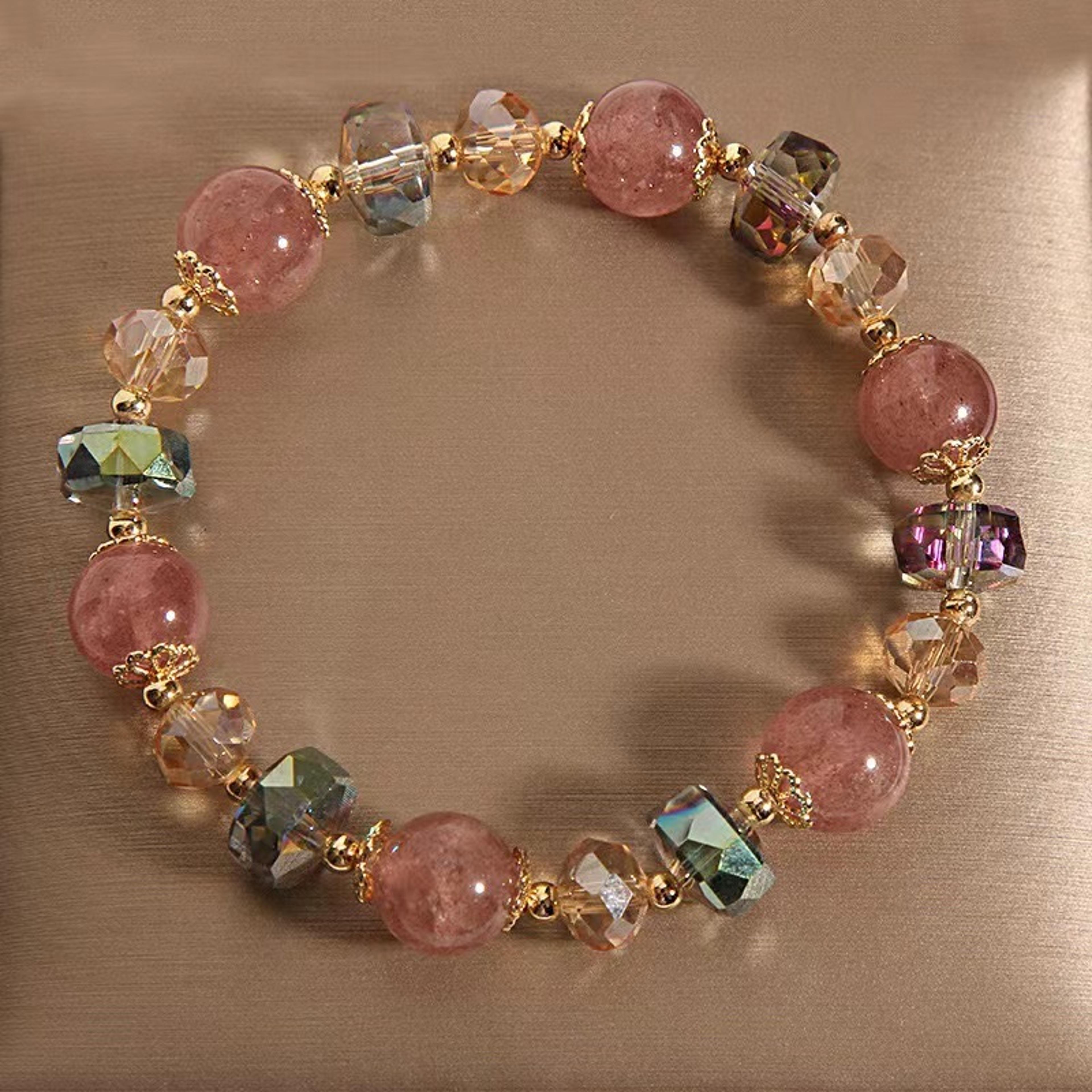Natural Strawberry Crystal Bracelet For Women Pink Beaded Elastic Jewelry Gift 4