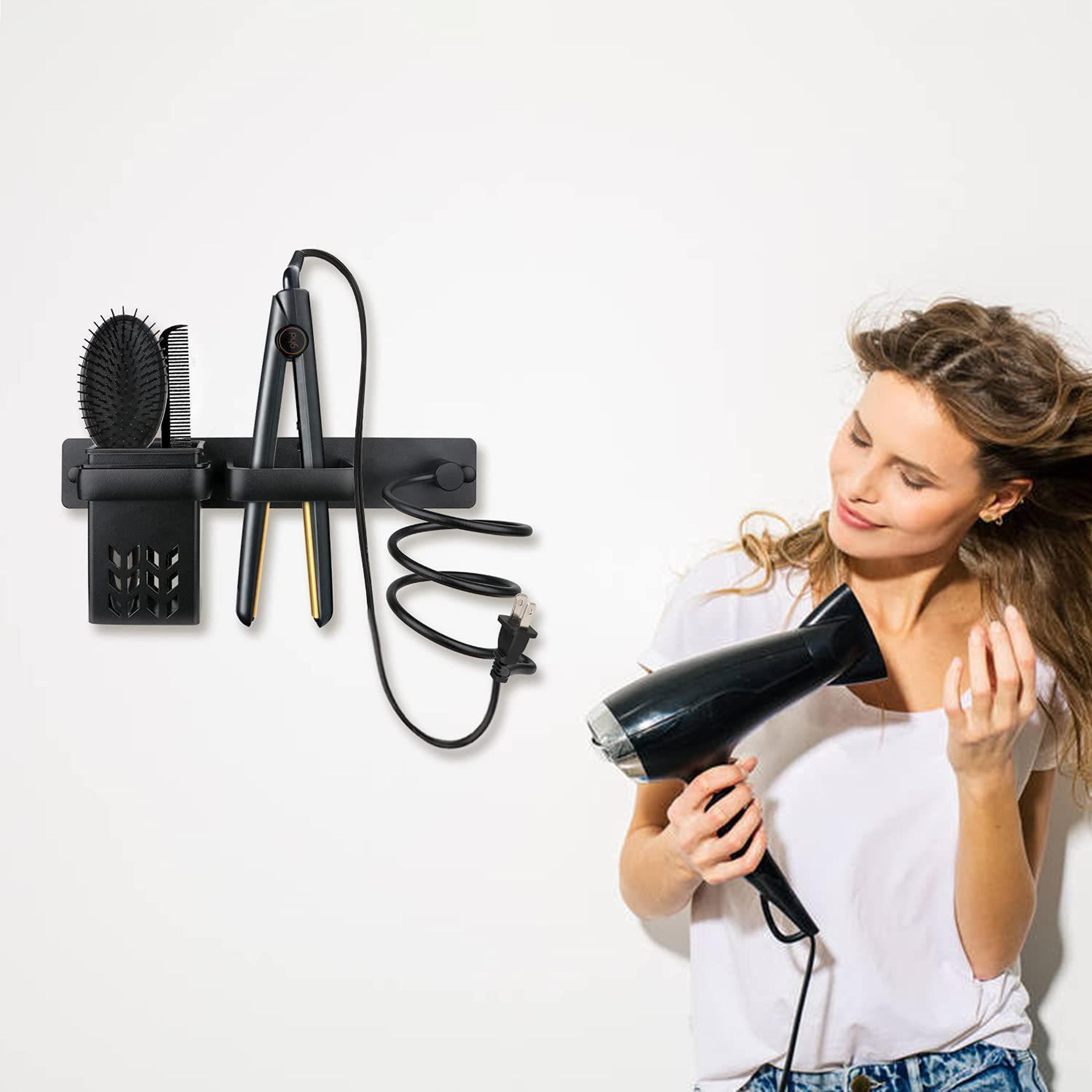 wall mounted hair dryer holder with straightener storage aluminum bathroom organizer